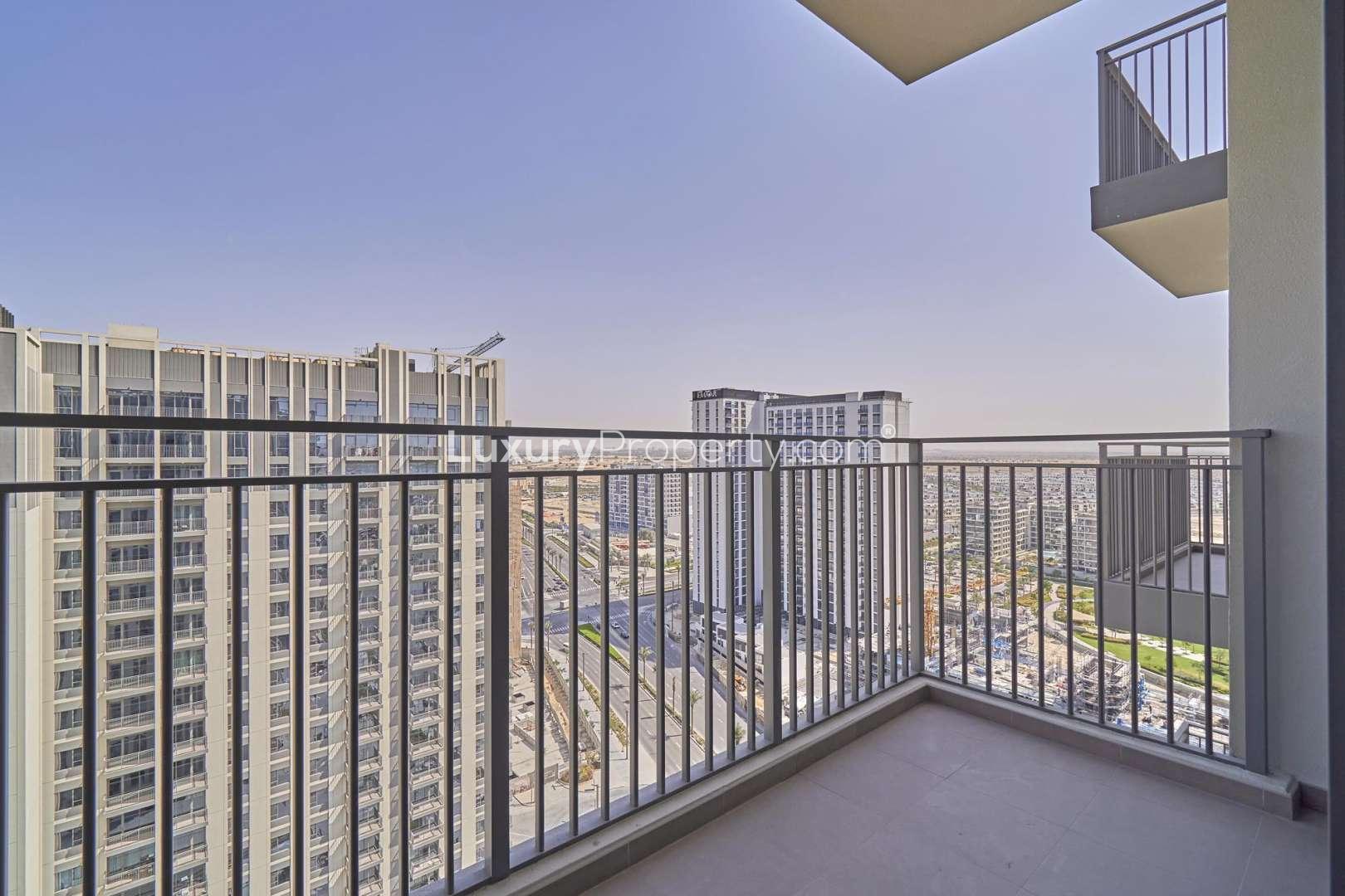 High-floor view from Park Heights apartment, Dubai Hills Estate, showcasing cityscape and greenery