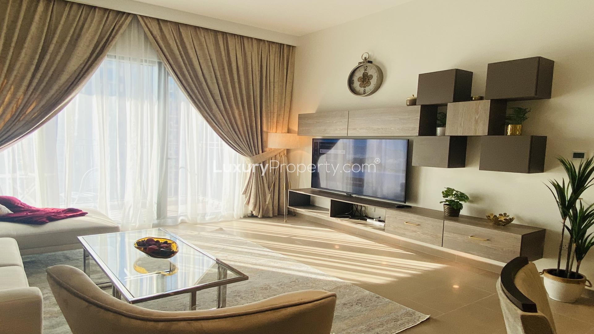Balcony view from furnished apartment in Park Heights, Dubai Hills Estate, overlooking cityscape