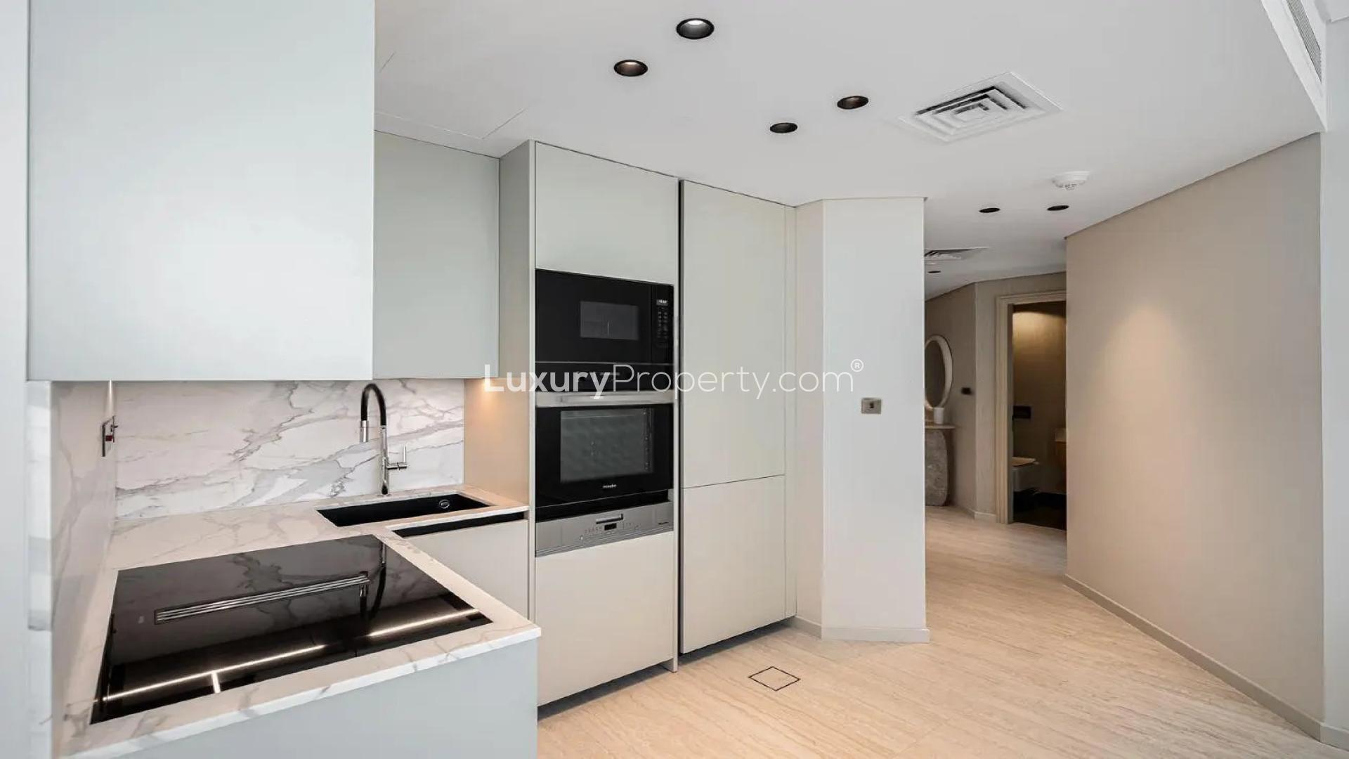 Spacious living area with modern furniture in Sky Gardens apartment, DIFC for rent