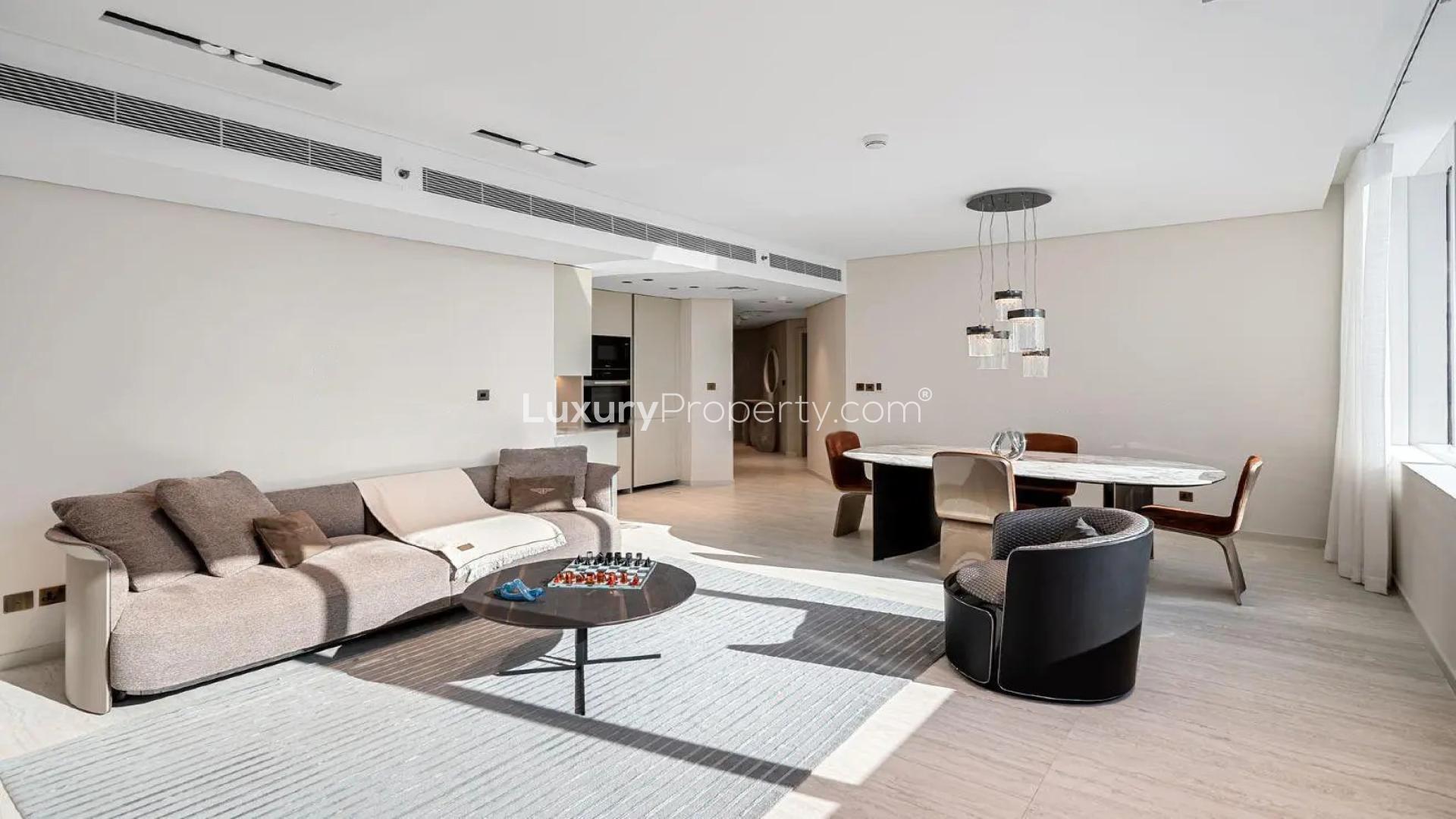 Modern living room with city view in Sky Gardens apartment, DIFC, available for rent