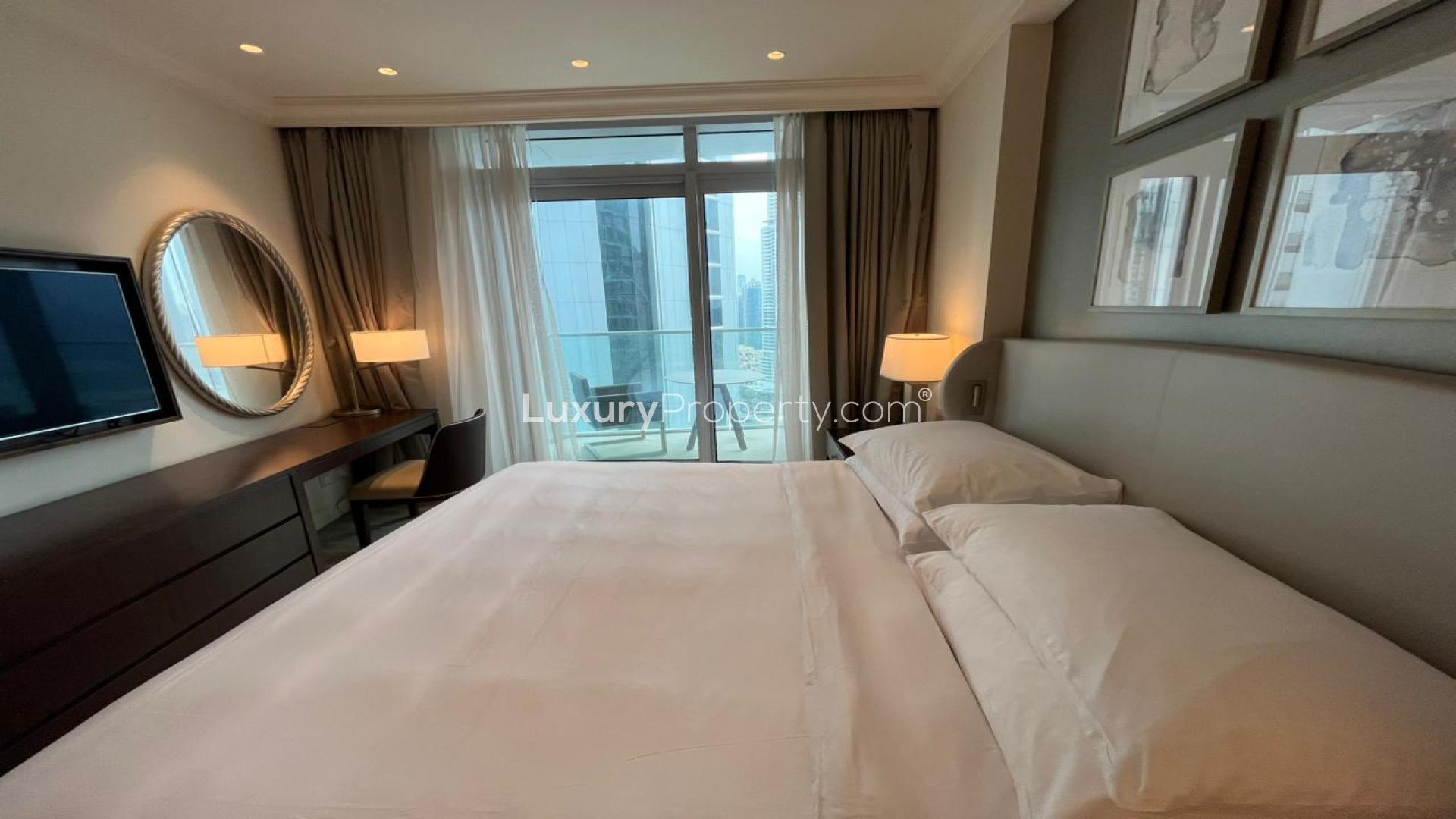 Luxurious living room in Vida Residences apartment, Downtown Dubai, with cityscape views