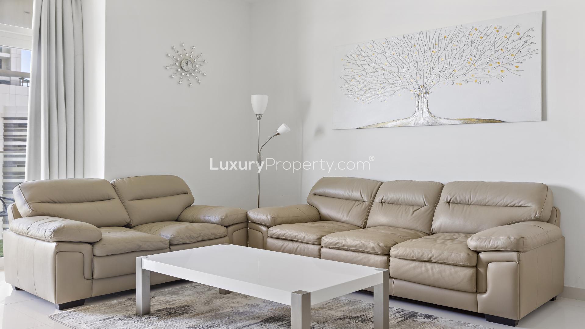 Luxurious 2-bedroom apartment view of Dubai Harbour, Emaar Beachfront, with marina and seascape