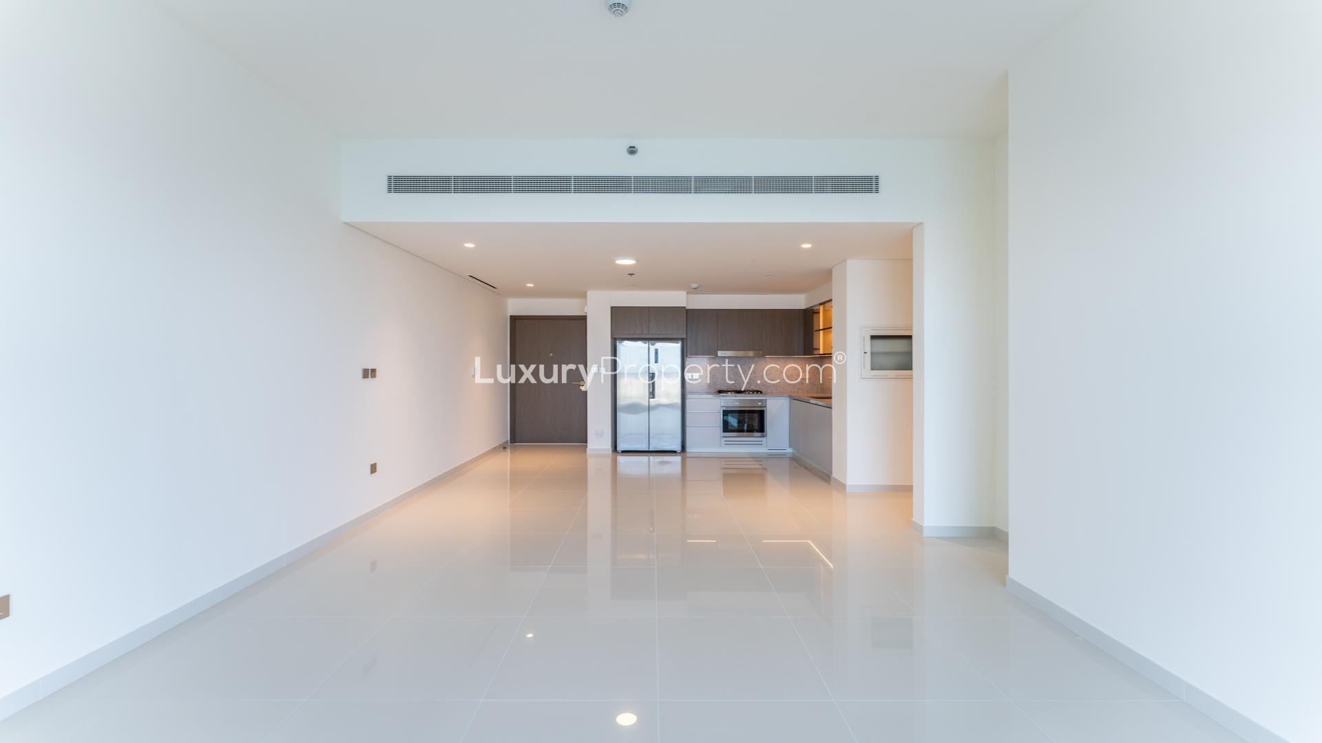 Empty apartment room with ocean view in Grand Bleu Tower, Emaar Beachfront, Dubai Harbour