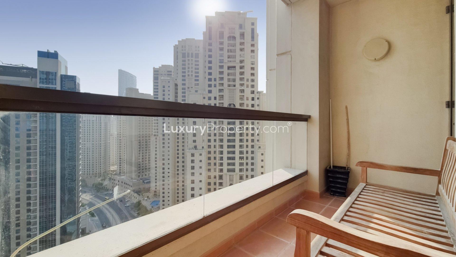 Spacious living room in 2-bedroom apartment, Rimal, Jumeirah Beach Residence, with marina view