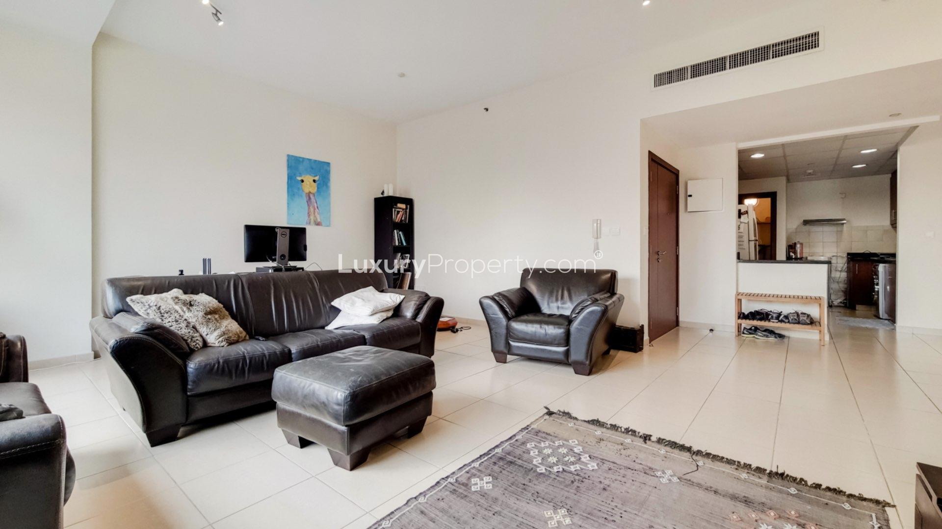 Balcony view from 2-bedroom apartment in Jumeirah Beach Residence, Rimal, overlooking Marina skyline