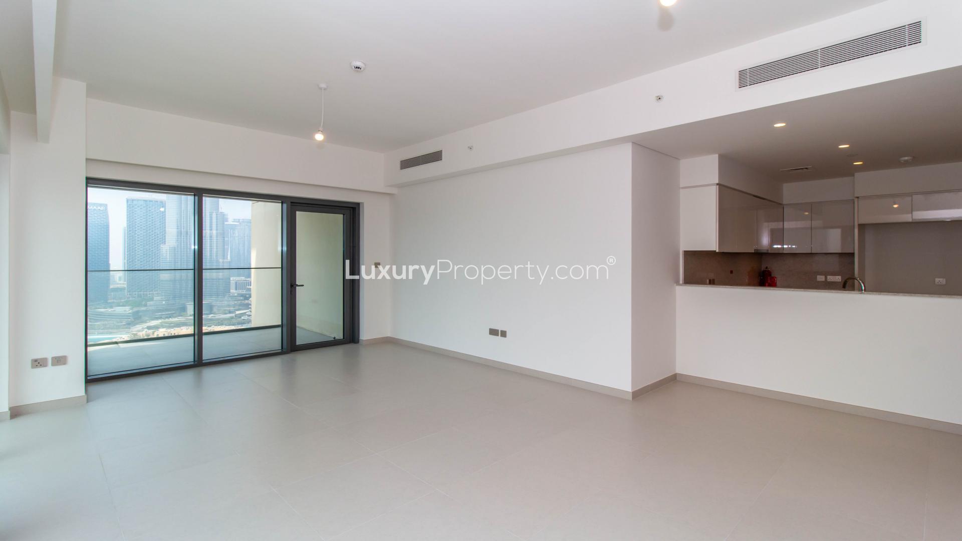 Modern living room in 2-bedroom apartment, Burj Royale, Downtown Dubai with city view