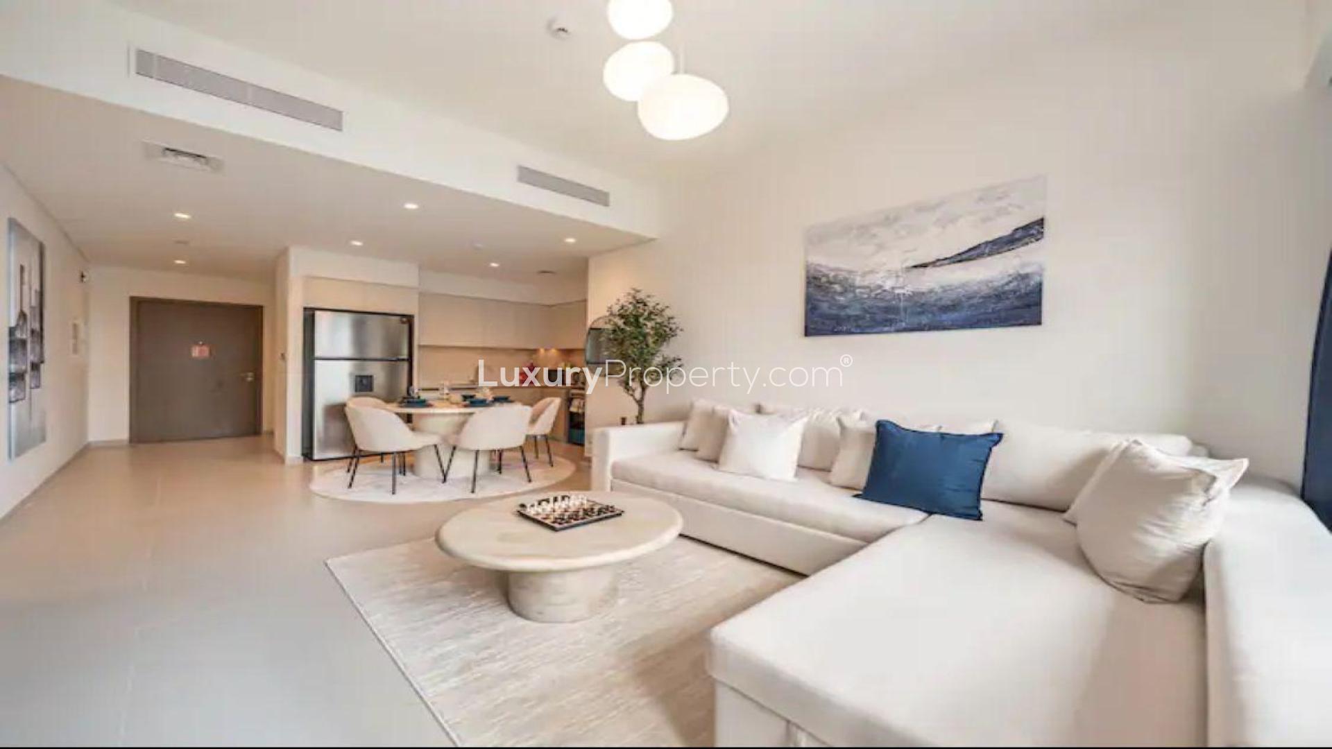 Modern living room in Burj Royale apartment, Downtown Dubai, featuring stylish decor and open layout