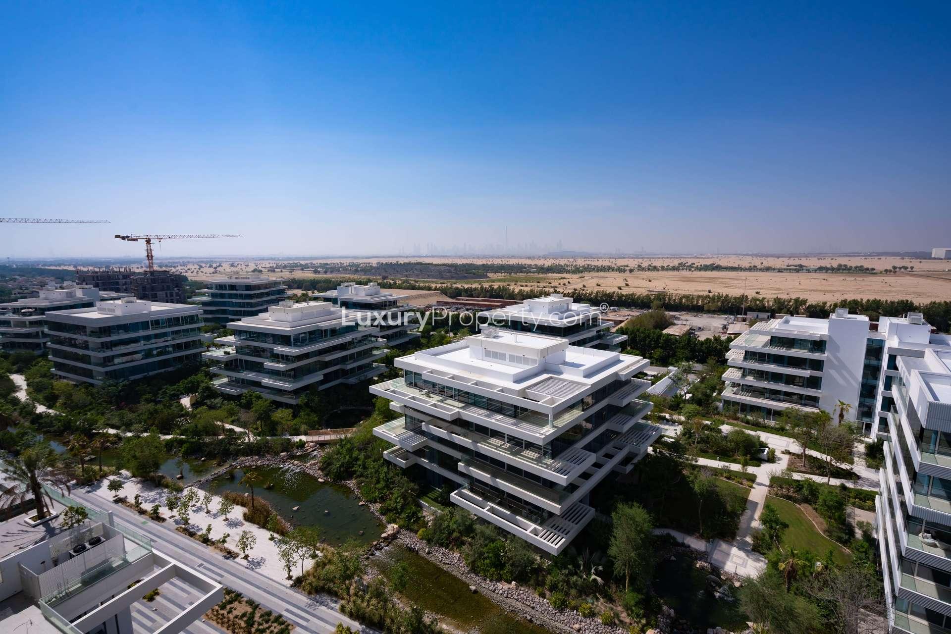 Luxurious balcony view from Seventh Heaven apartment in Al Barari, available for rent