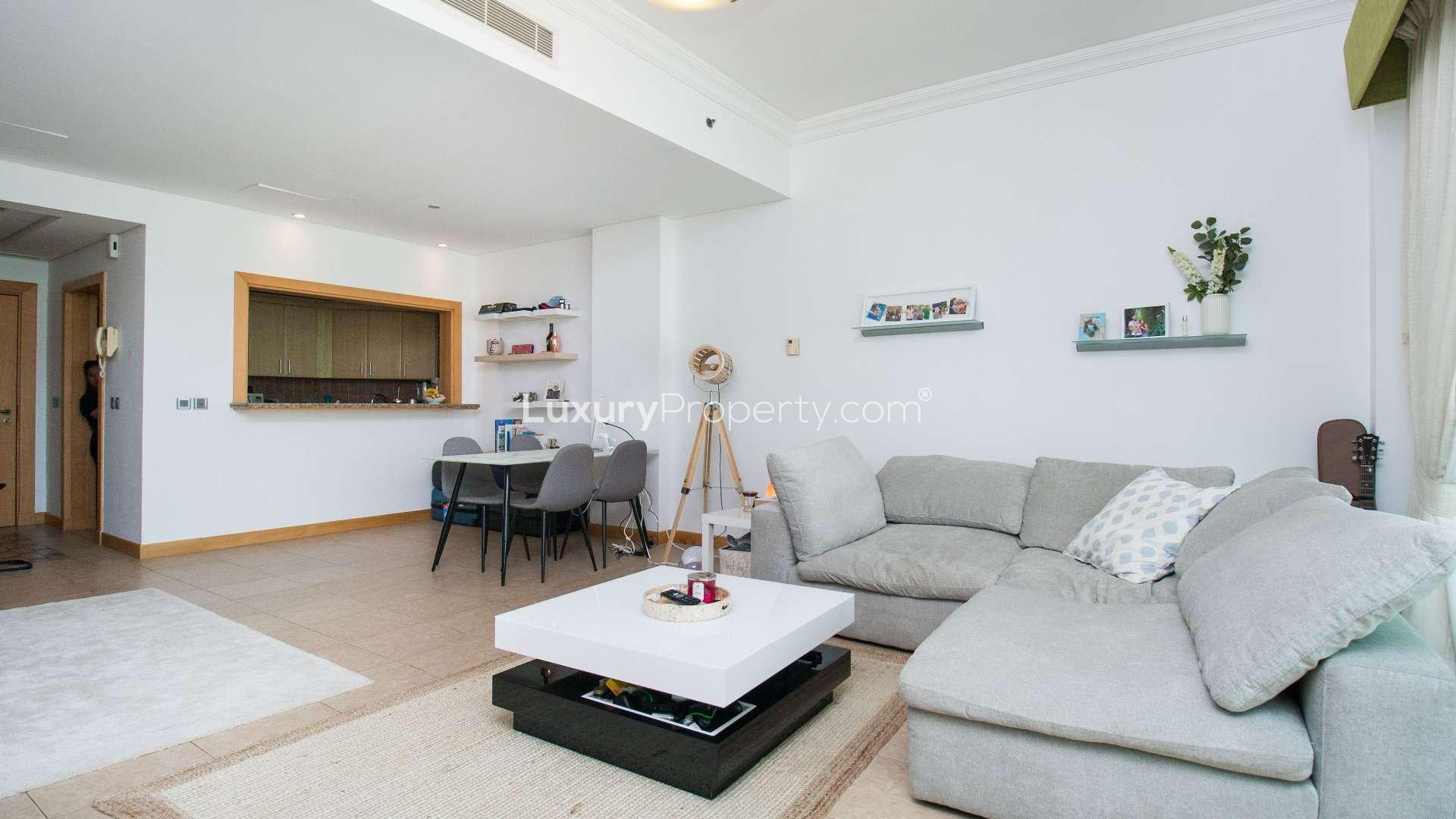 Fully furnished living room in 2-bedroom Shoreline Residences apartment, Palm Jumeirah