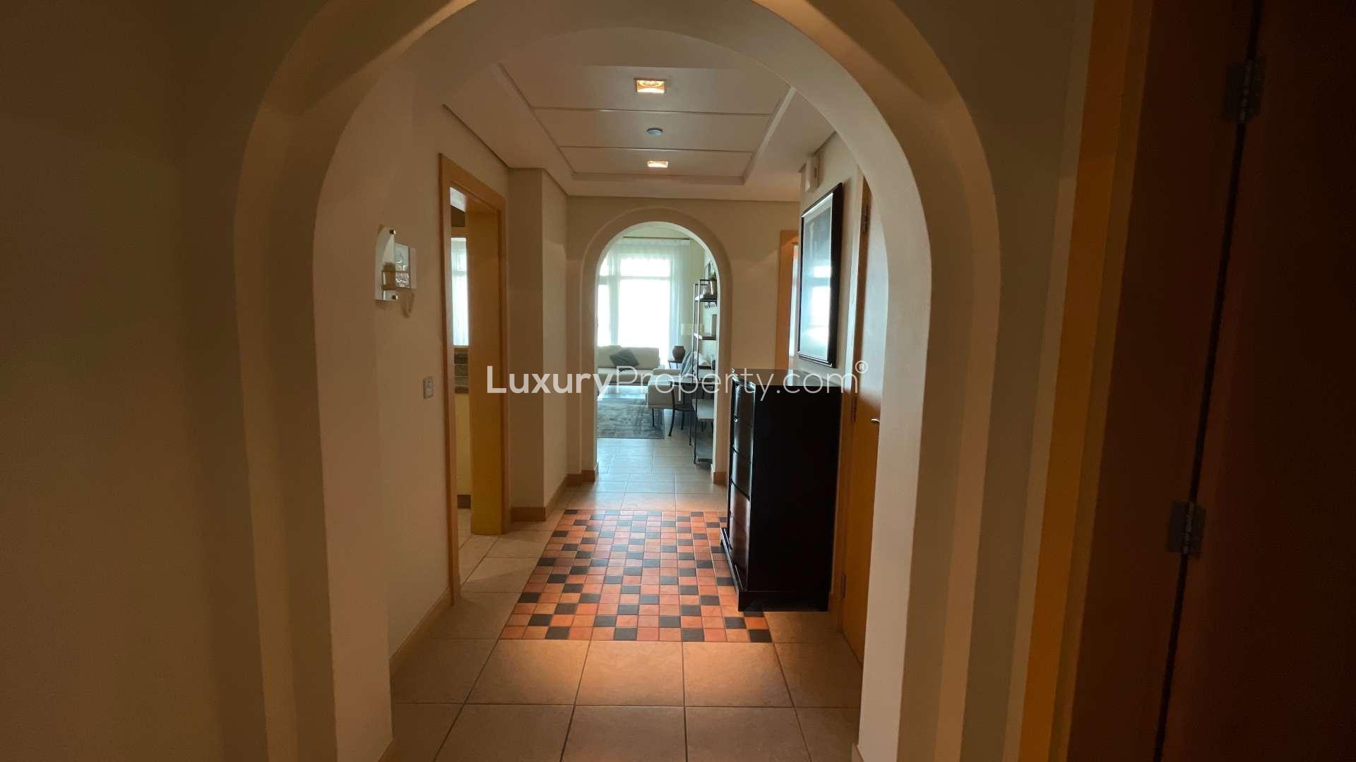 Fully furnished living room, modern decor, sea view, Shoreline Apartments, Palm Jumeirah rental