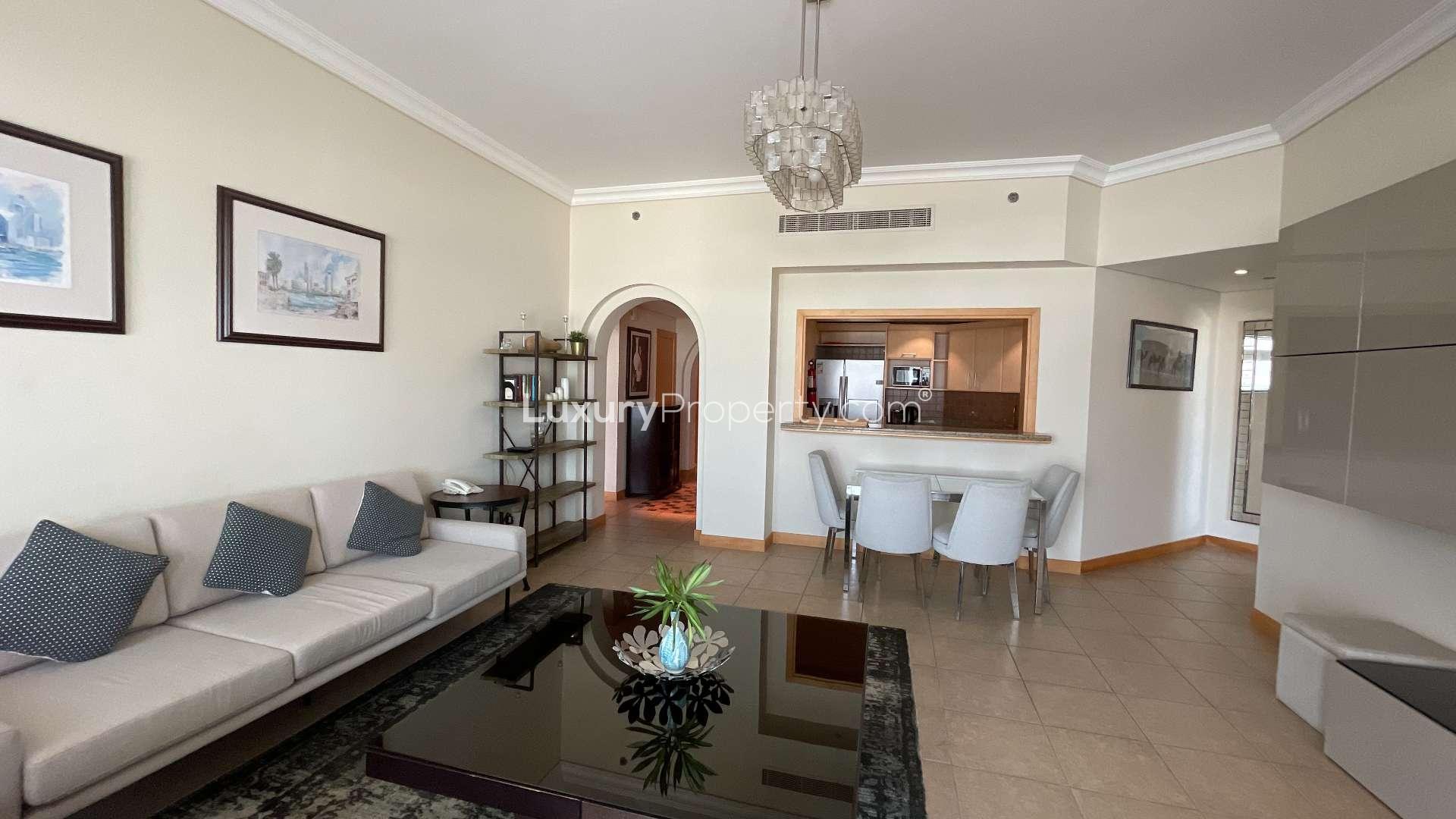 Sea view from balcony of furnished two-bedroom apartment, Shoreline Apartments, Palm Jumeirah rental