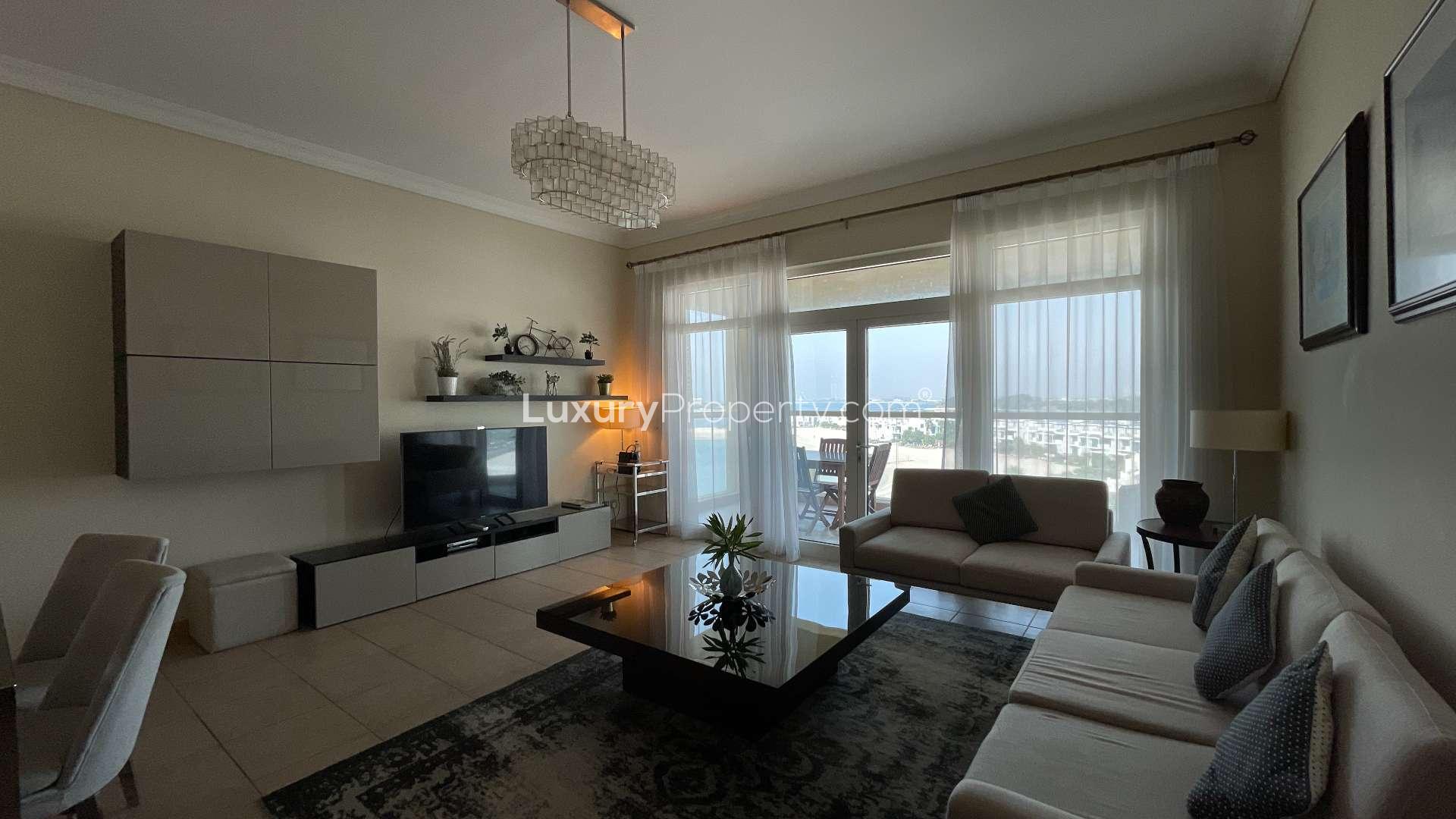 Fully furnished living room in modern two-bedroom sea-facing apartment, Shoreline Apartments, Palm Jumeirah