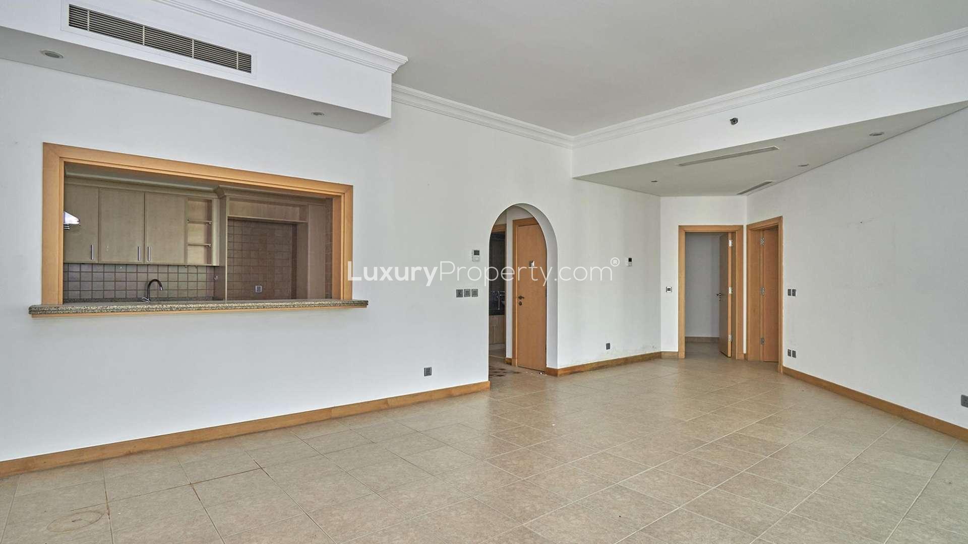 Balcony view from Palm Jumeirah Shoreline Apartments, overlooking garden and road