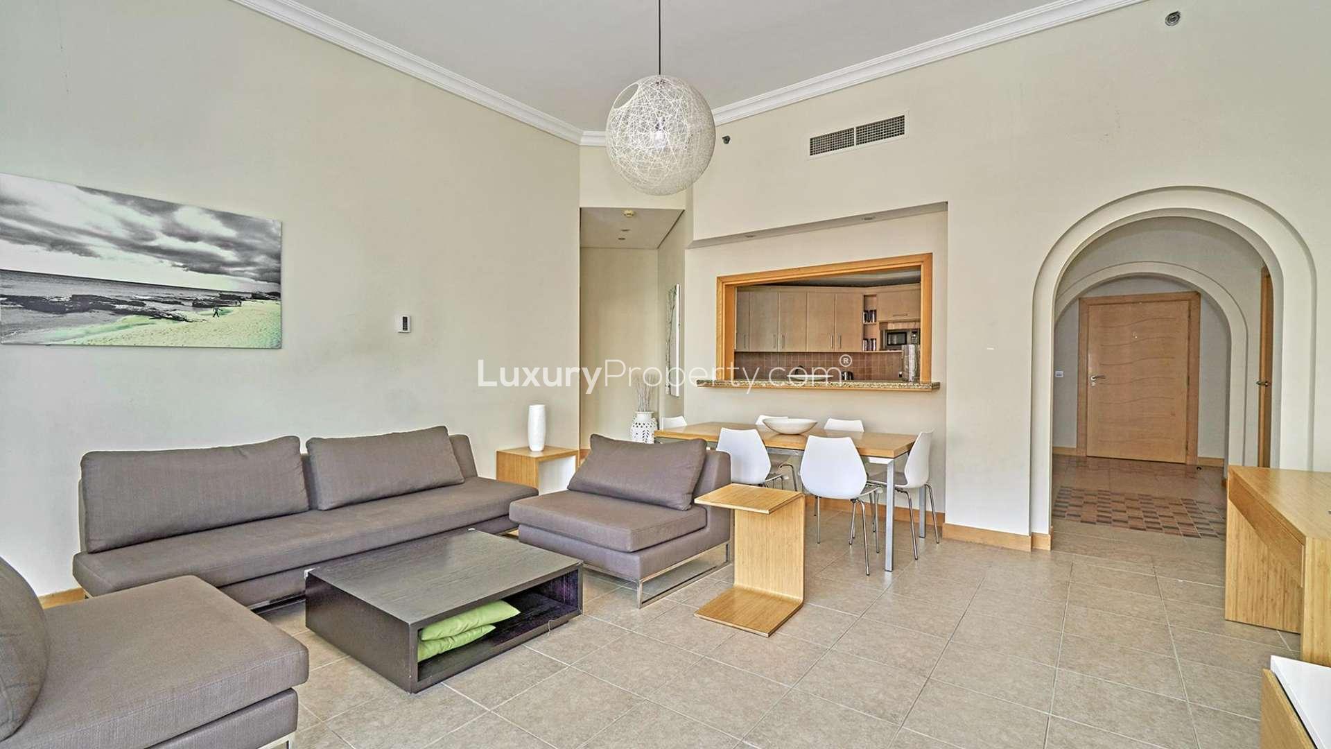 Furnished living room with sea view in Shoreline Apartments, Palm Jumeirah