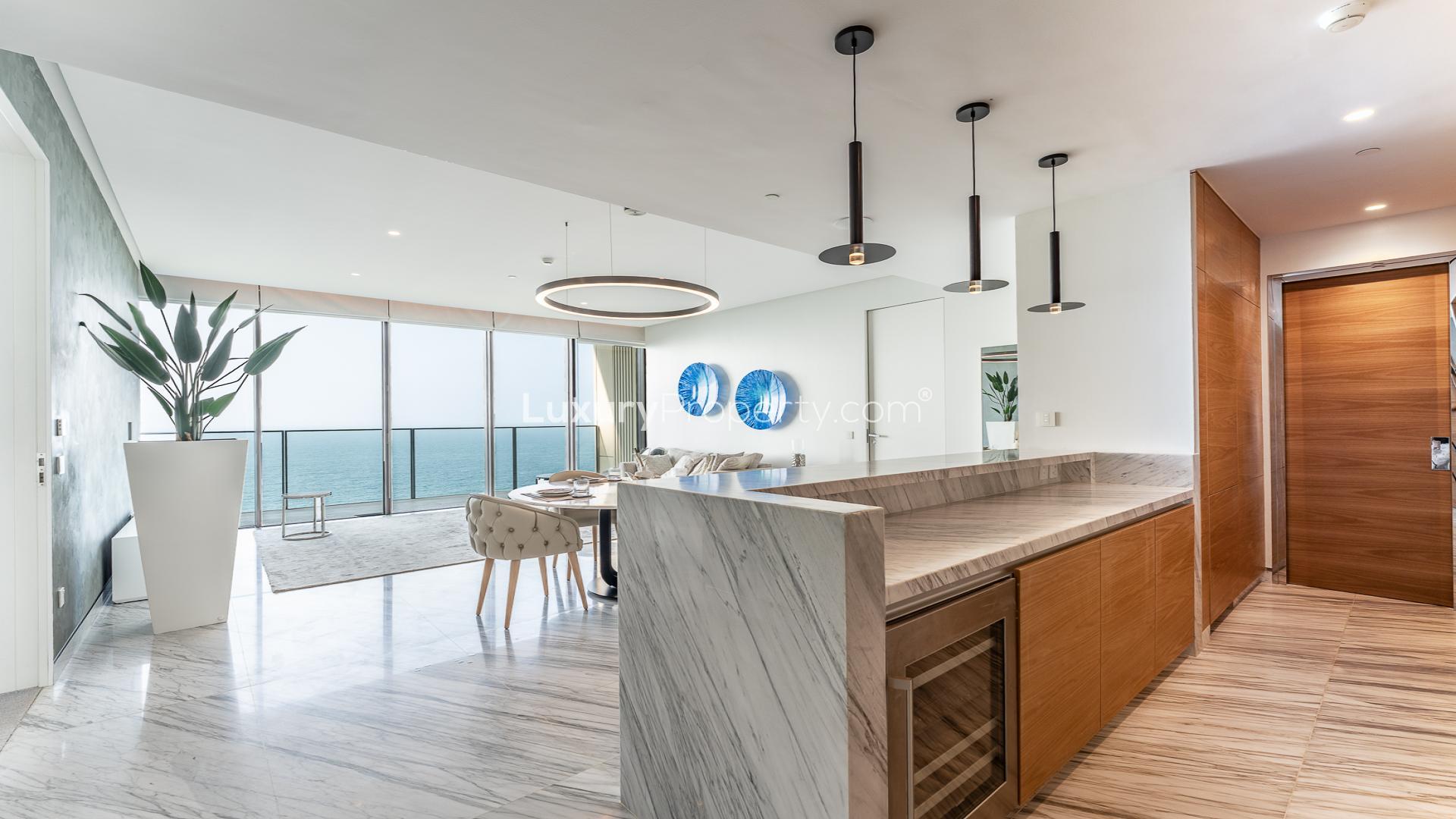 Modern living room in two-bedroom apartment, The Royal Atlantis, Palm Jumeirah, marble flooring