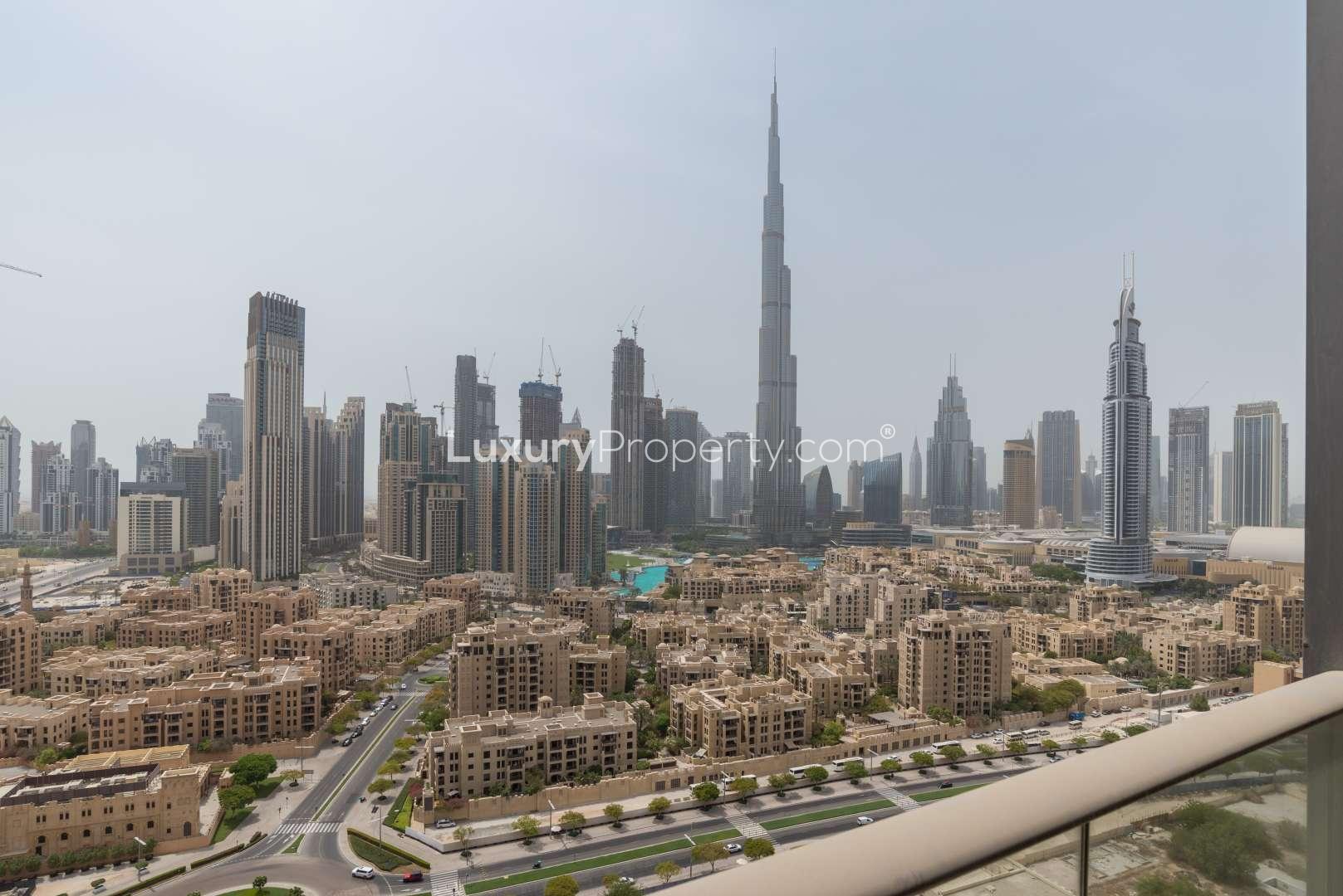 Empty living room with large window view in South Ridge, Downtown Dubai apartment