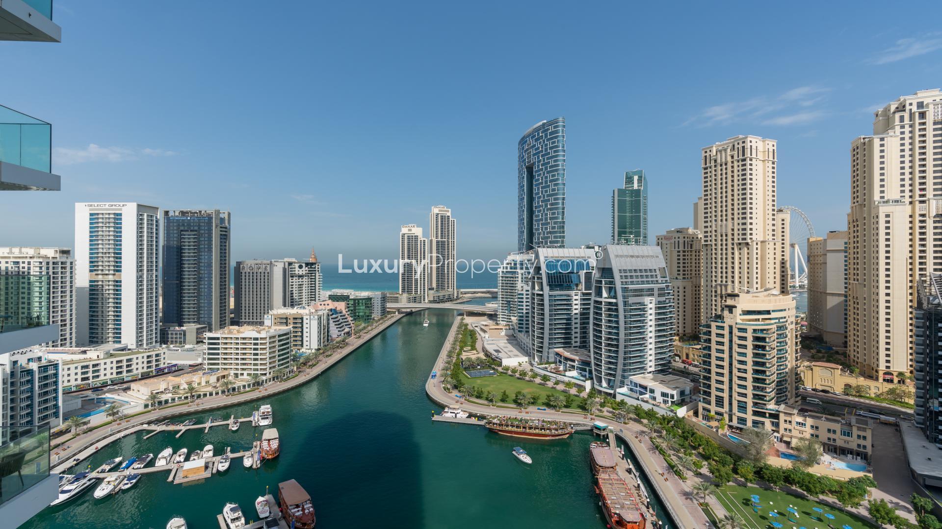 Luxury living room in Stella Maris apartment, Dubai Marina, with stunning city views