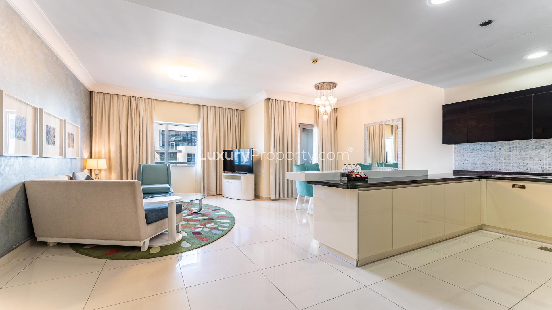 Modern living room and kitchen in The Signature, Downtown Dubai apartment for rent, LP49071