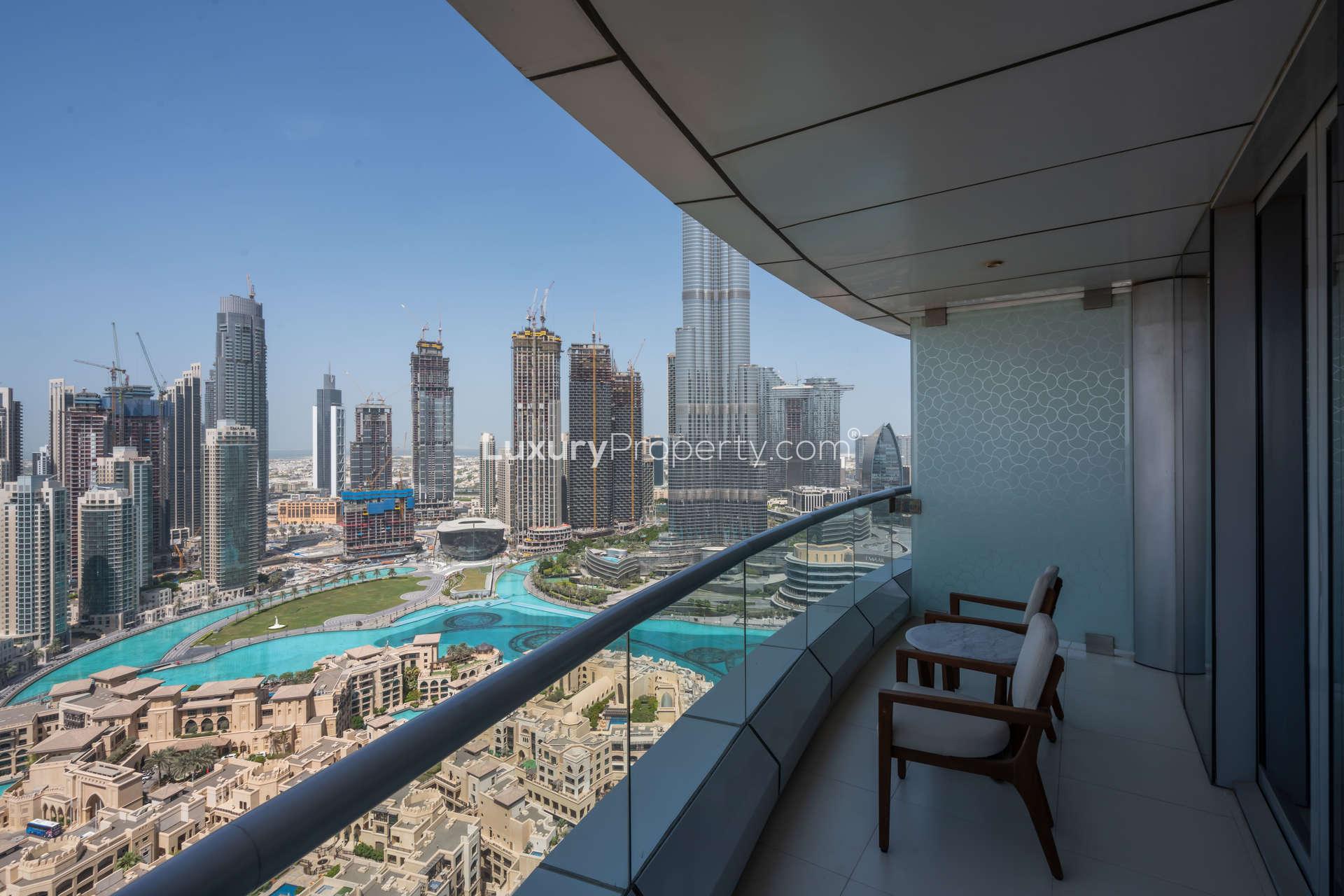 Skyline view from The Address Lake Hotel, Downtown Dubai, featuring modern skyscrapers and fountains