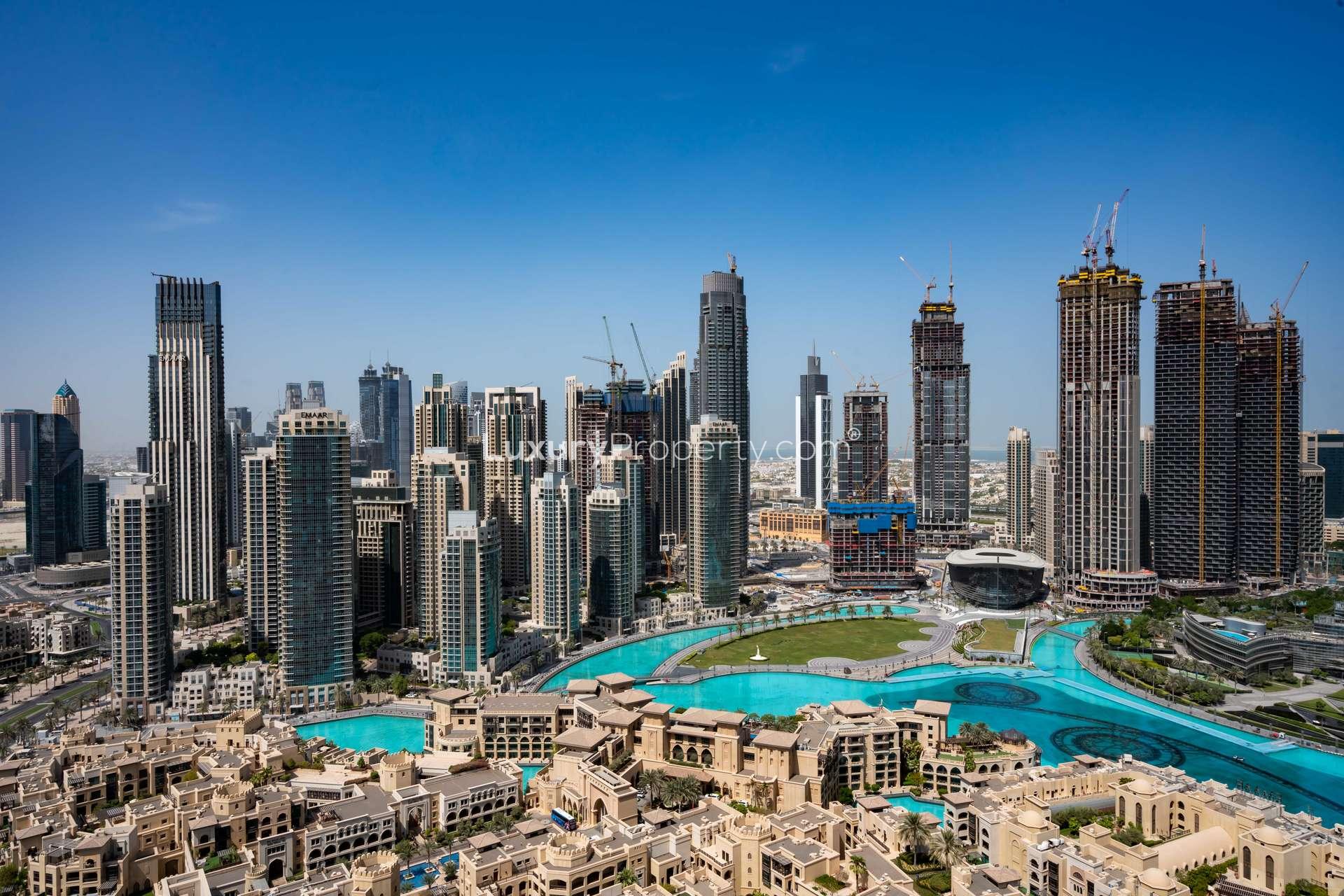 Luxurious living room in two-bedroom apartment, The Address Lake Hotel, Downtown Dubai