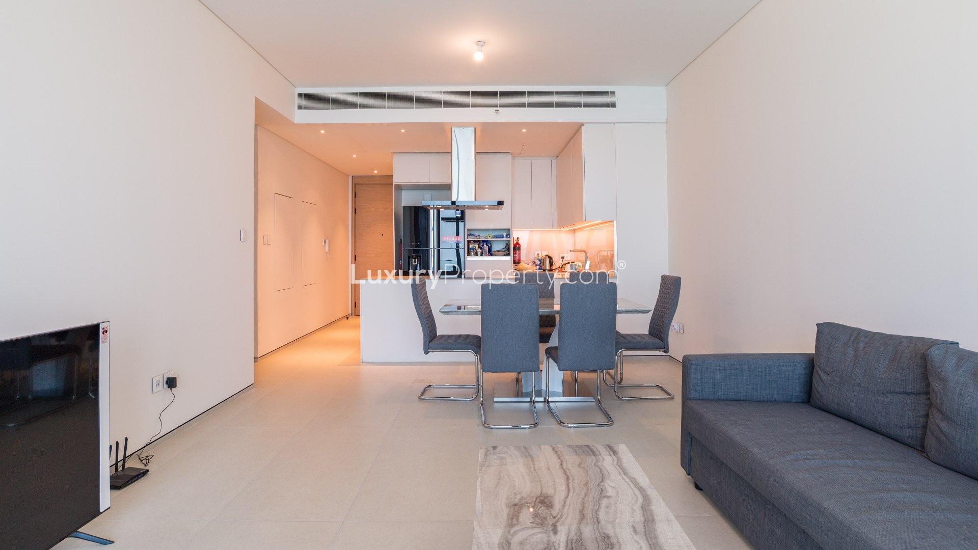 Furnished bedroom with sea view in Address Jumeirah serviced apartment, Jumeirah Beach Residence