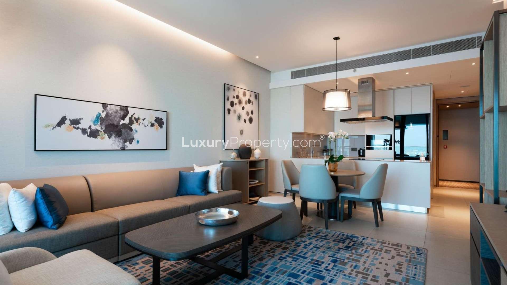 Modern living room in serviced apartment with Bluewaters view, Jumeirah Beach Residence