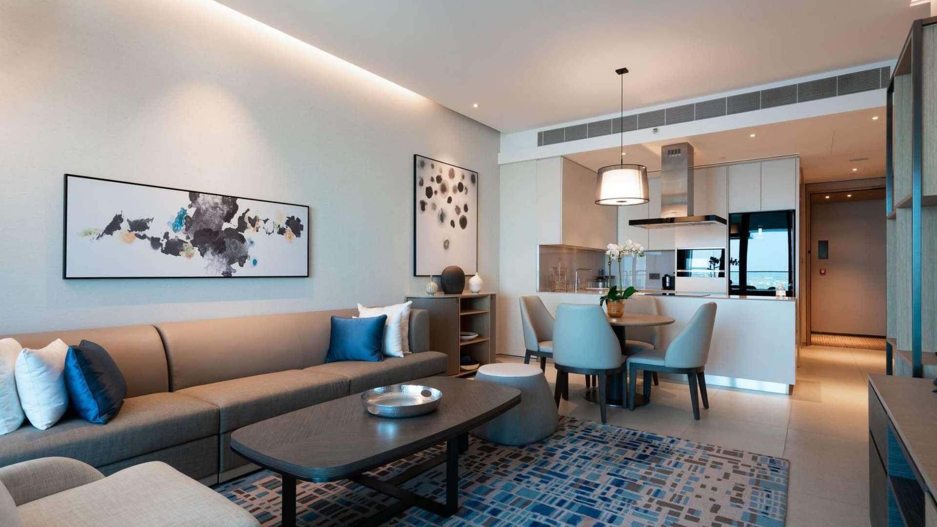 Modern living room in serviced apartment with Bluewaters view, Jumeirah Beach Residence