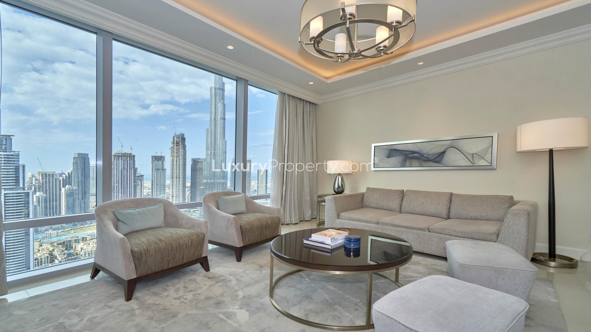 Fully furnished apartment with panoramic Burj Khalifa views in Downtown Dubai living area