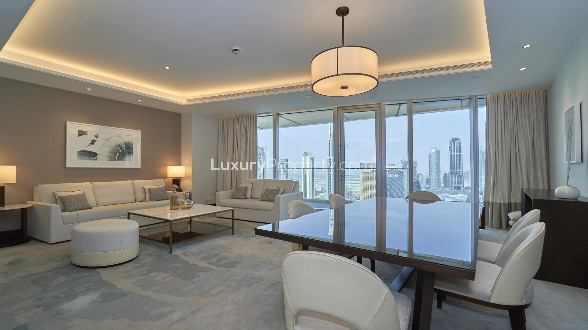 Furnished living room in Downtown Dubai apartment with Burj Khalifa view, The Address Sky View Towers