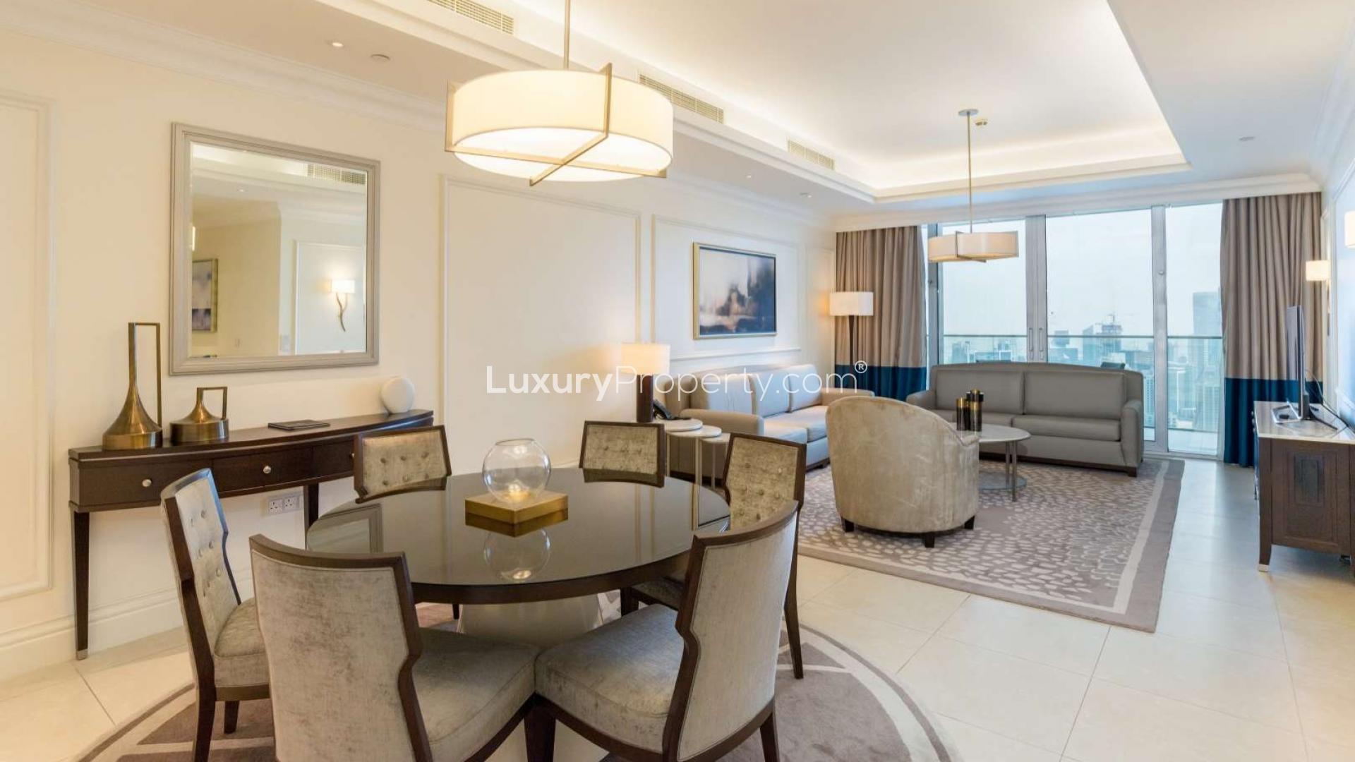 Furnished living and dining area in 2-bedroom apartment, The Address The Boulevard, Downtown Dubai