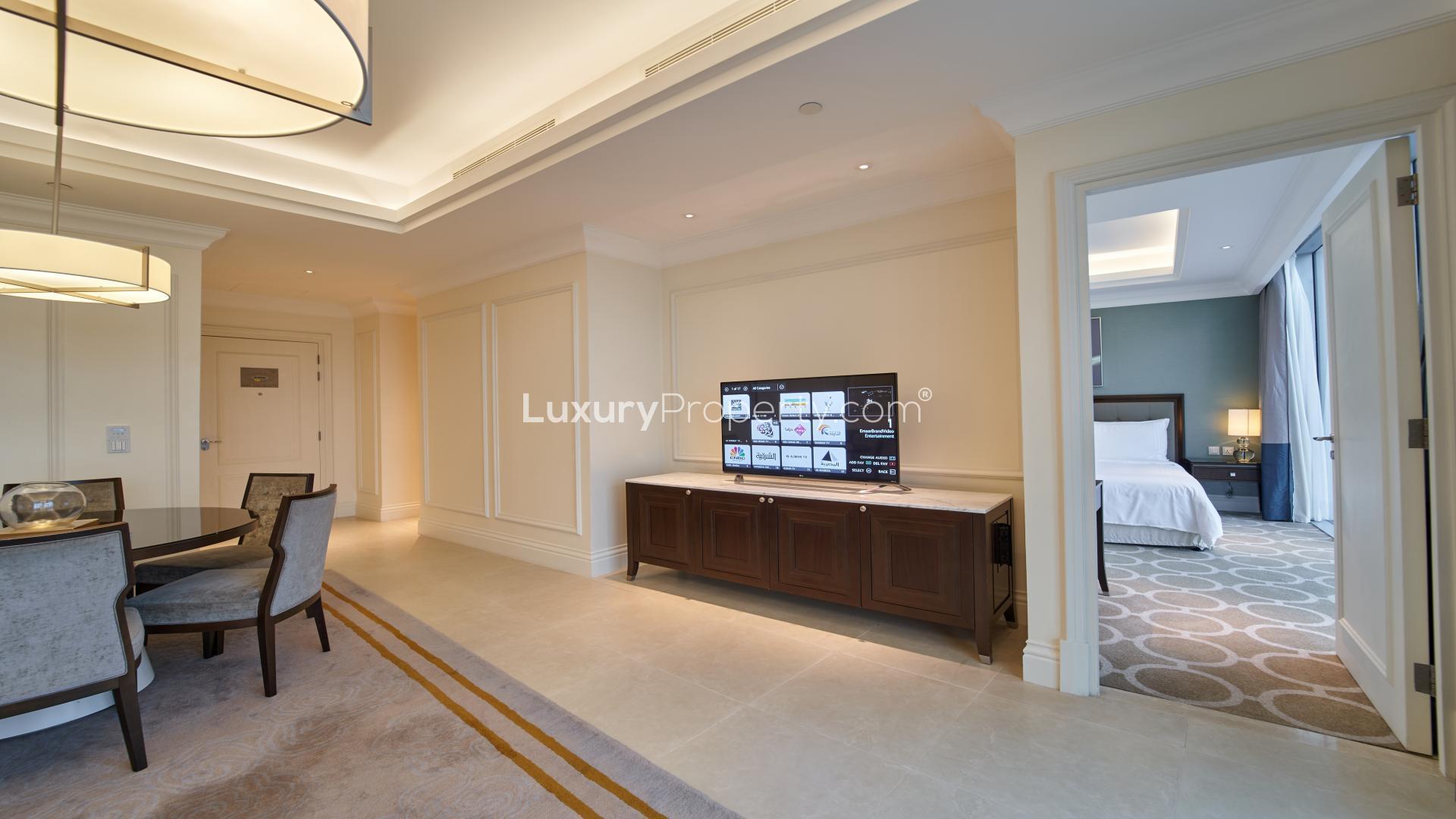 Fully furnished living and dining area in Downtown Dubai high-floor apartment for rent