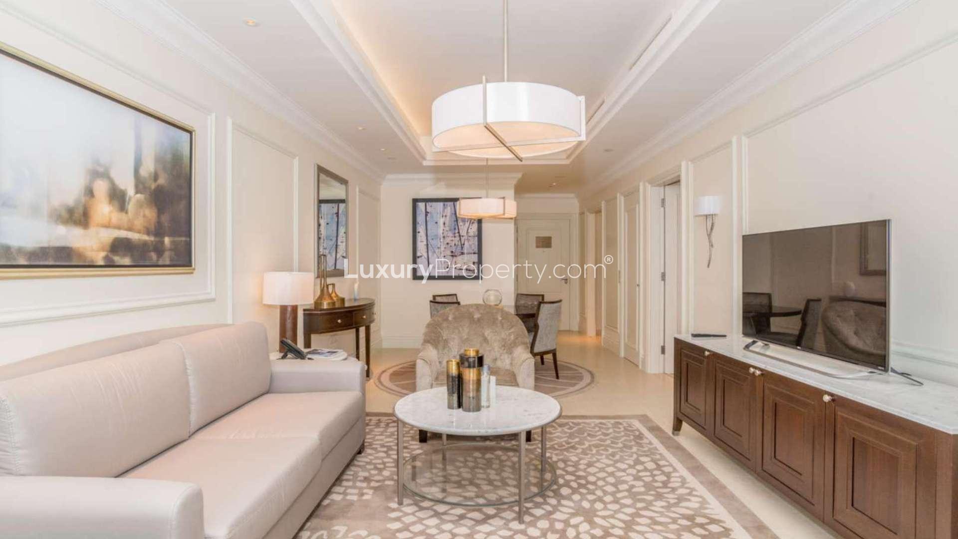 Fully furnished apartment balcony with stunning Downtown Dubai skyline view, The Address The BLVD