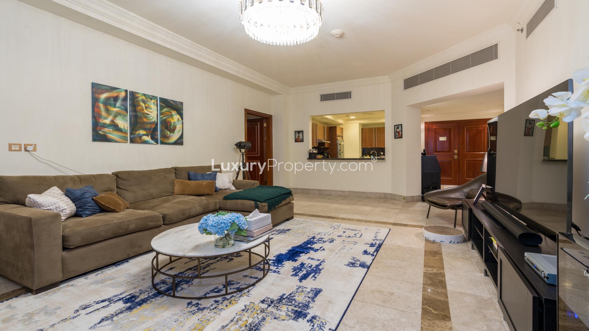 Spacious living room in mid-floor 2-bedroom apartment, The Fairmont Palm Residences, Palm Jumeirah