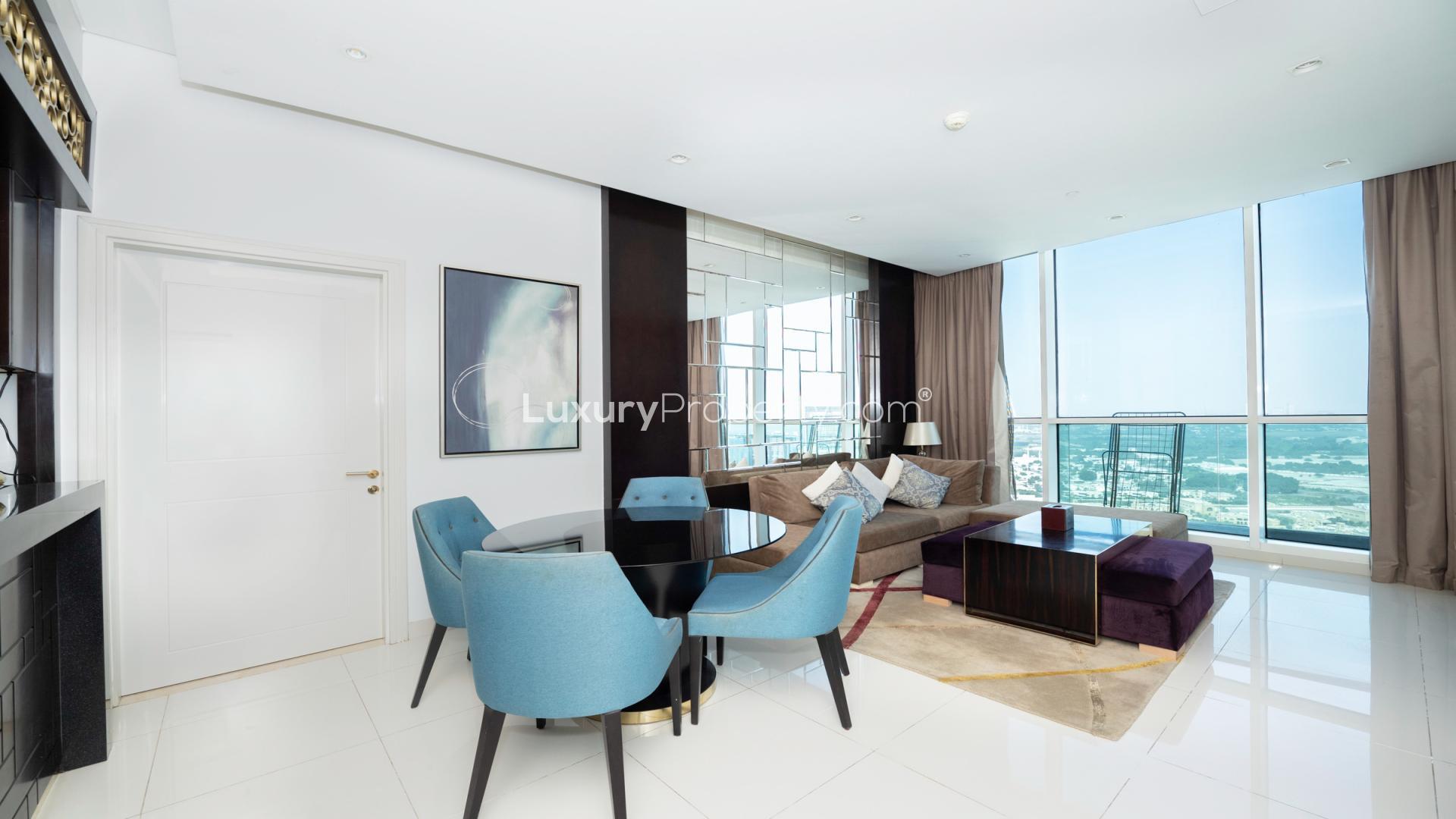 High-floor 2-bedroom apartment living area with modern decor in Upper Crest, Downtown Dubai