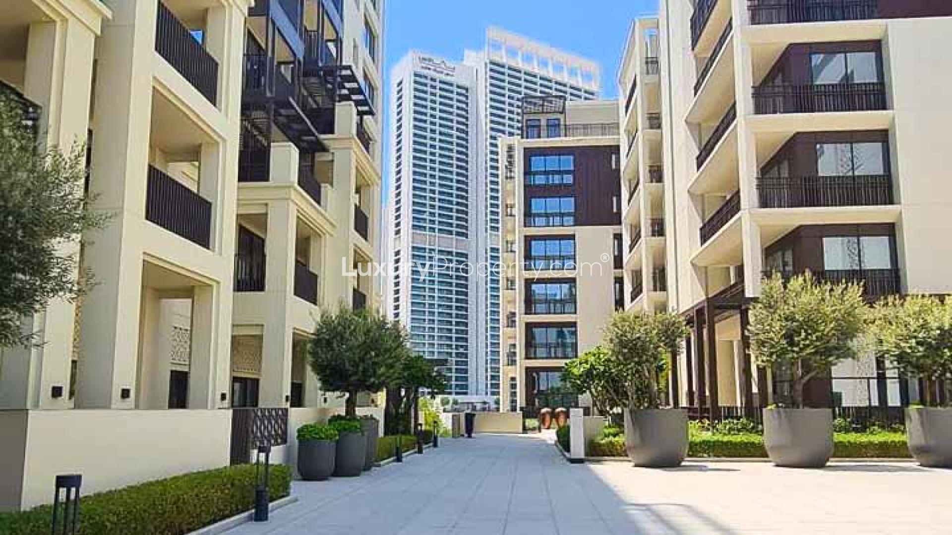 Empty room with large window view at Breeze, Dubai Creek Harbour apartment for rent