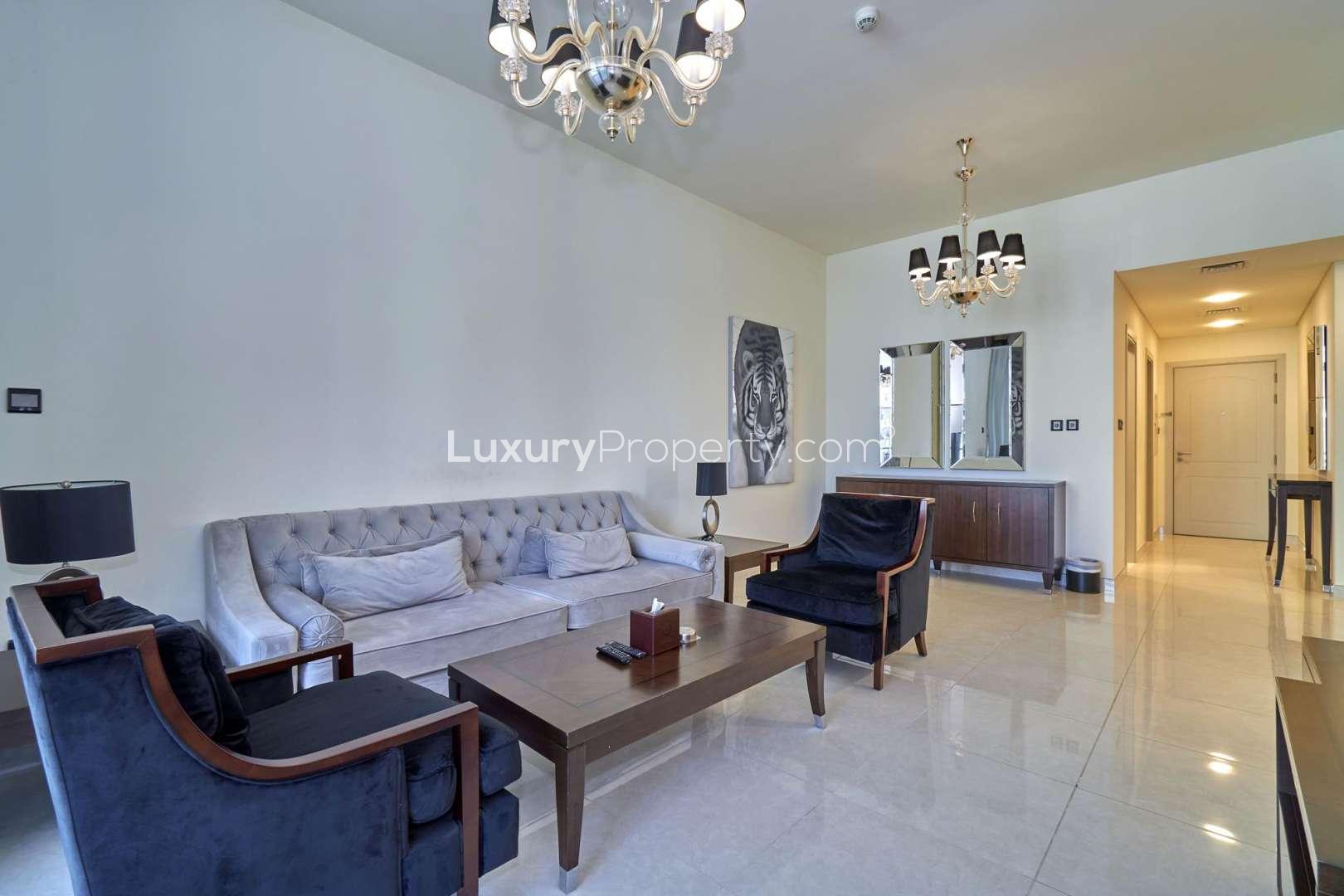 Modern apartment building exterior in The Polo Residence, Meydan Avenue, available for rent