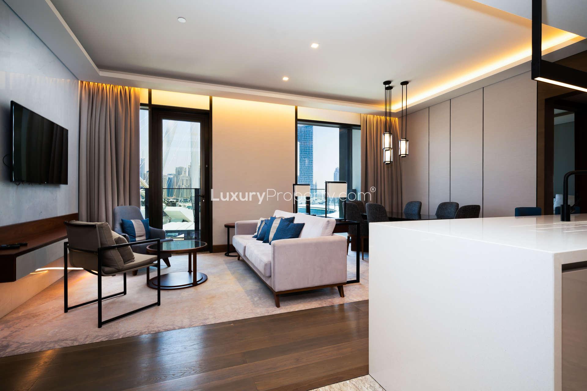 Modern living room in two-bedroom apartment at Caesars Resort, Bluewaters, Dubai for rent