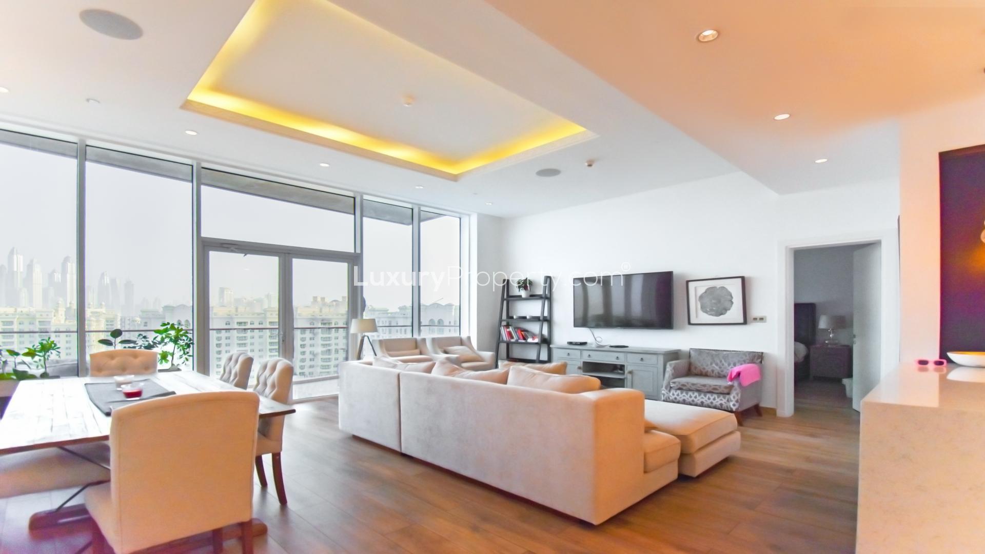N/A,Modern living room in Tiara Residences apartment, Palm Jumeirah, with stylish decor and furnishings