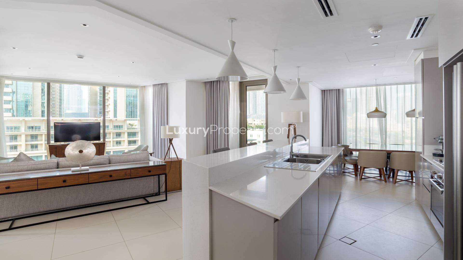 Gorgeous living room in Vida Residence Downtown, Dubai, with modern furniture and city views