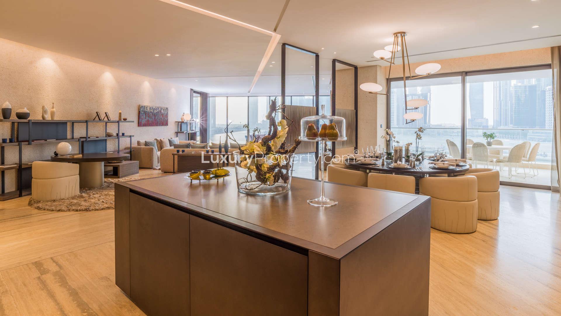 Luxurious living and dining area in Volante Tower apartment with canal views, Business Bay