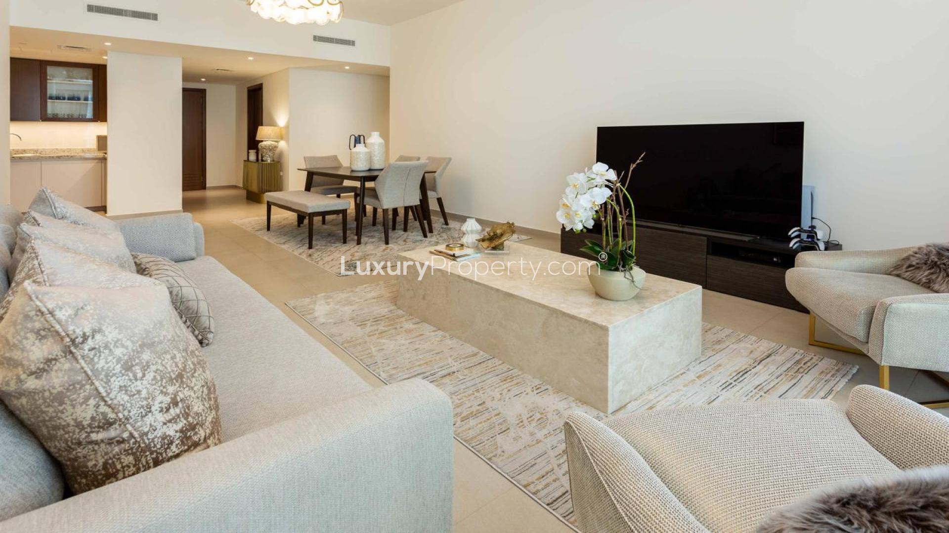 Modern living room in Downtown Dubai apartment, featuring elegant decor and comfortable seating
