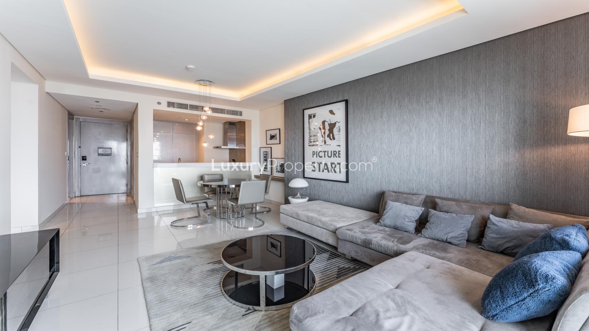 Contemporary living room in 2-bedroom apartment, DAMAC Towers, Business Bay, modern decor, city view