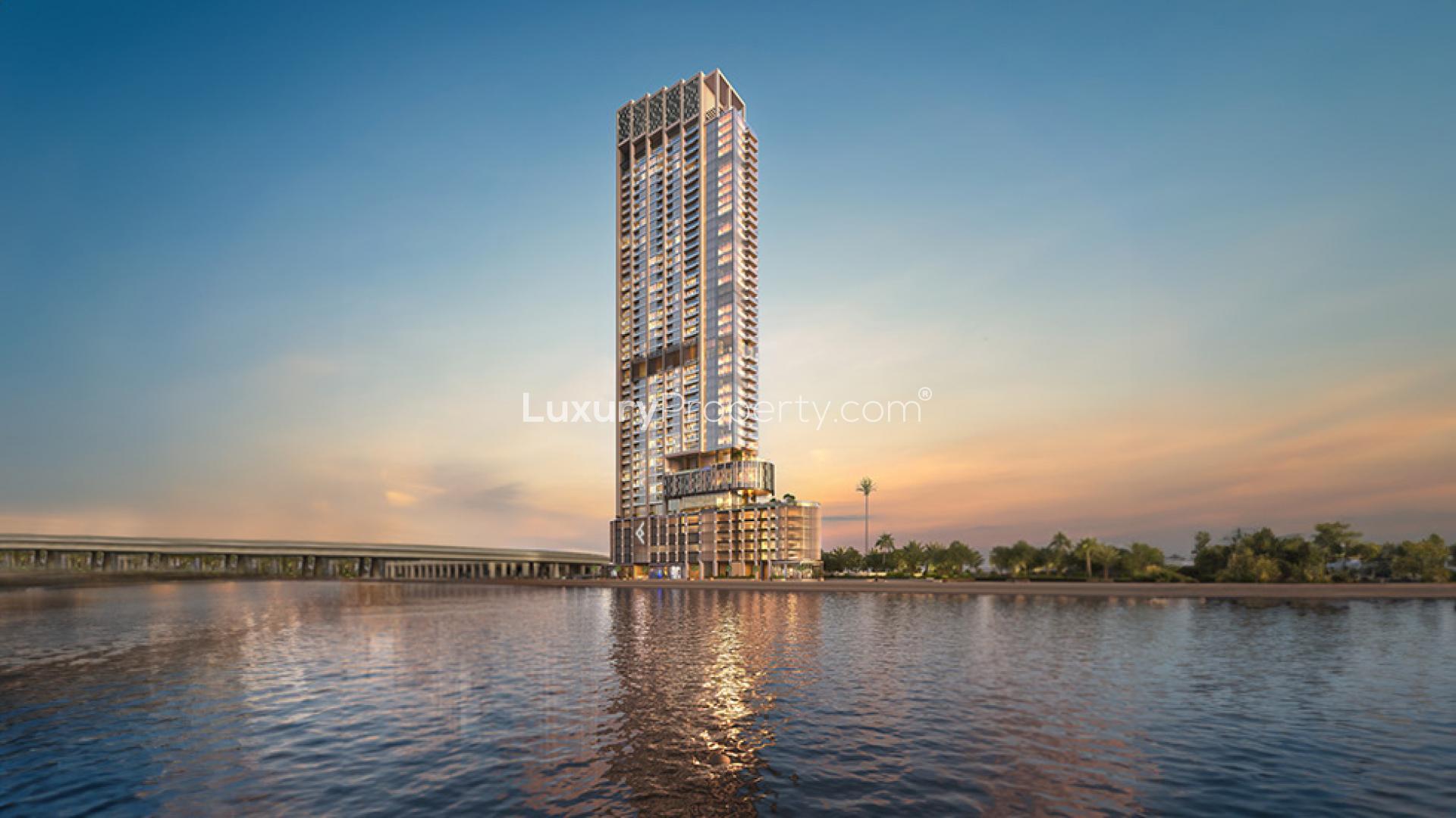 Stylish One River Point apartment exterior in Business Bay, Dubai at sunset
