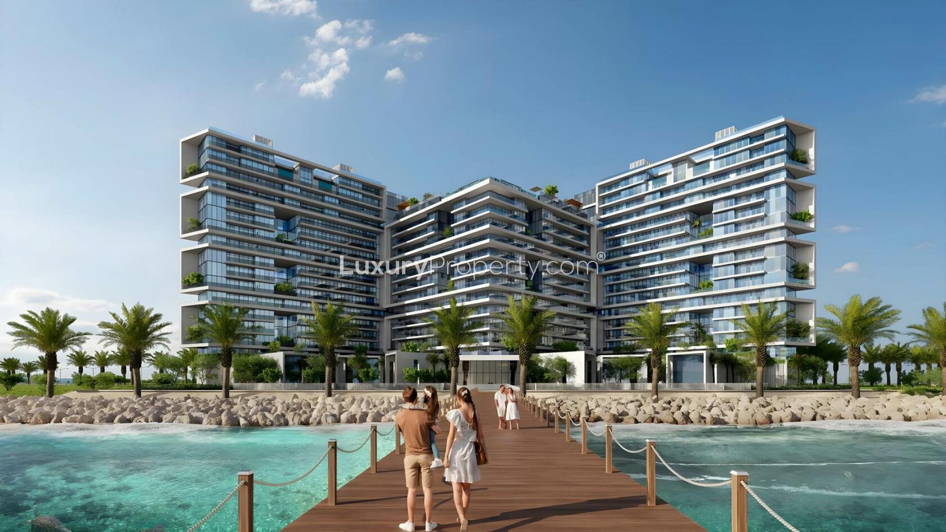 Idyllic waterfront view from Moonstone apartment on Al Marjan Island, featuring serene blue waters