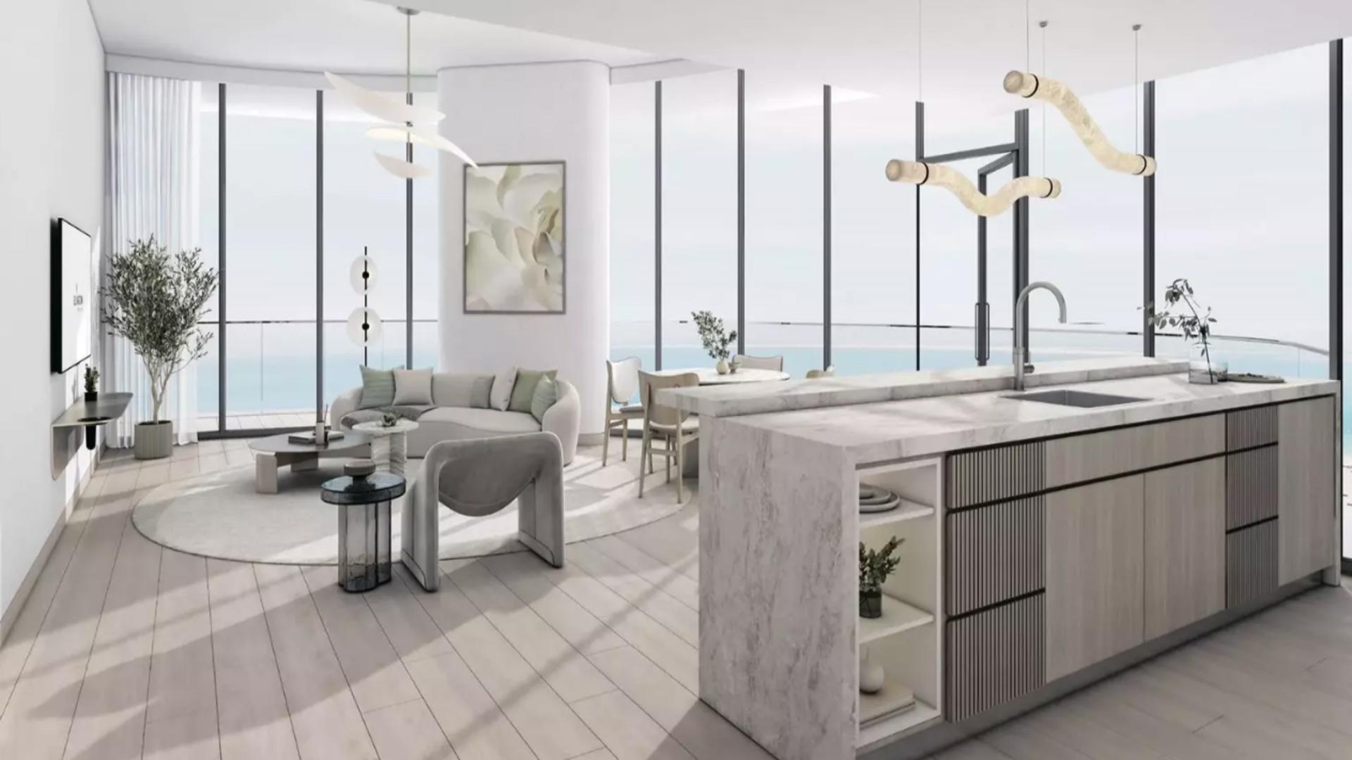 Modern living room in Ellington Views apartment, Al Hamra Village, with ocean view and elegant decor