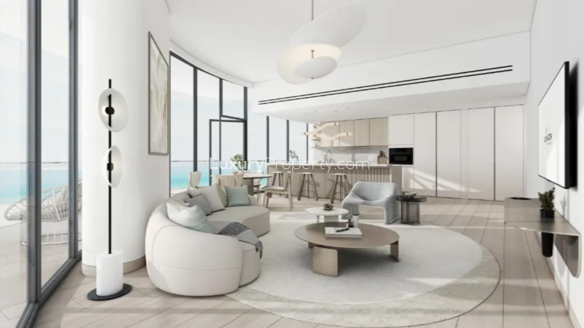 Modern apartment with stunning waterfront view in Ellington Views, Al Hamra Village at sunset