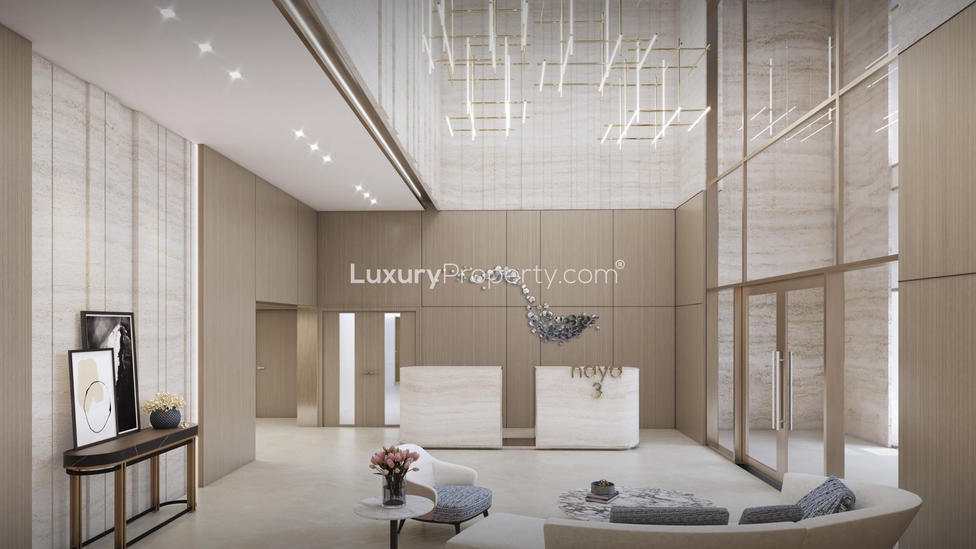 Elegant waterfront apartment living room with city skyline view, District One, Mohammed Bin Rashid City