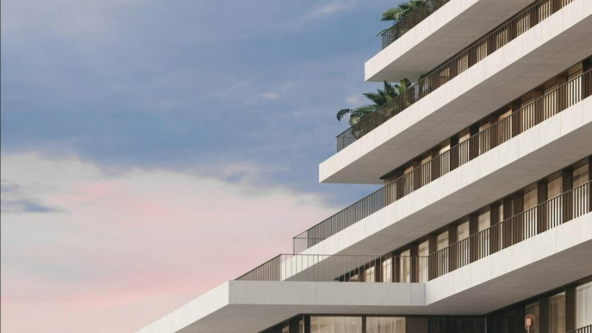 "Spacious terrace with canal view in Eden House apartment, Al Satwa, for sale.",Modern apartment exterior at Eden House, Al Satwa, featuring spacious balconies and sleek design