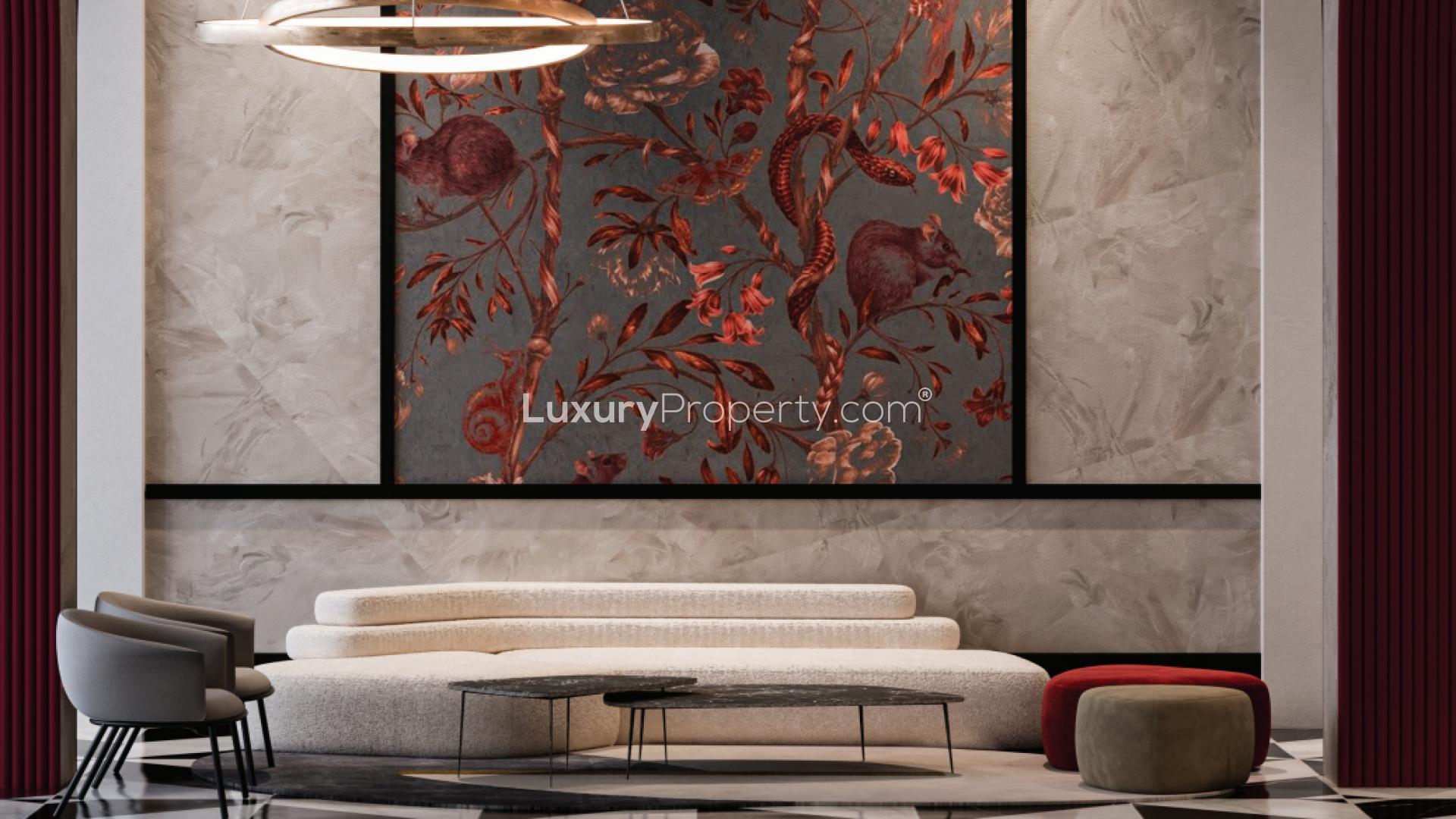 Elegant living room in Lilium Tower apartment, featuring modern furniture and artistic wall decor