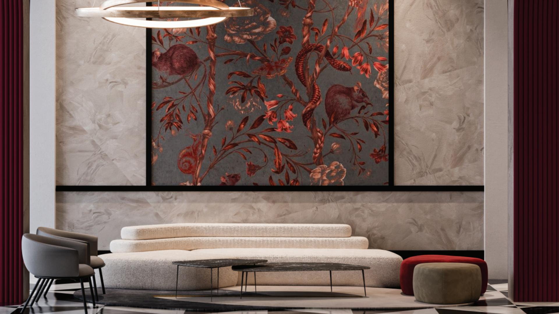 Elegant living room in Lilium Tower apartment, featuring modern furniture and artistic wall decor